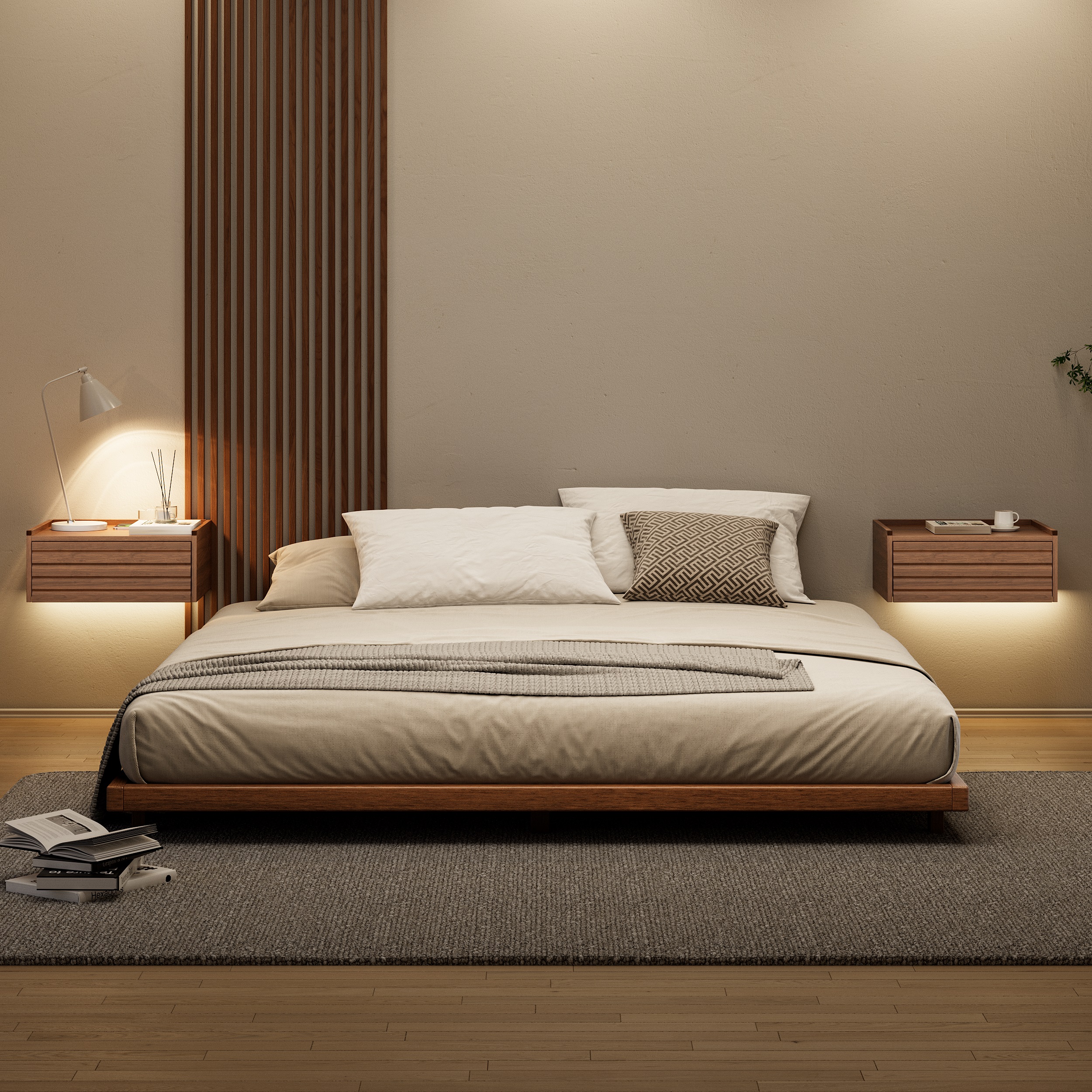Japanese-Style Low Bed Frame with Natural Floor Bed and Floating Wooden Nightstands Set