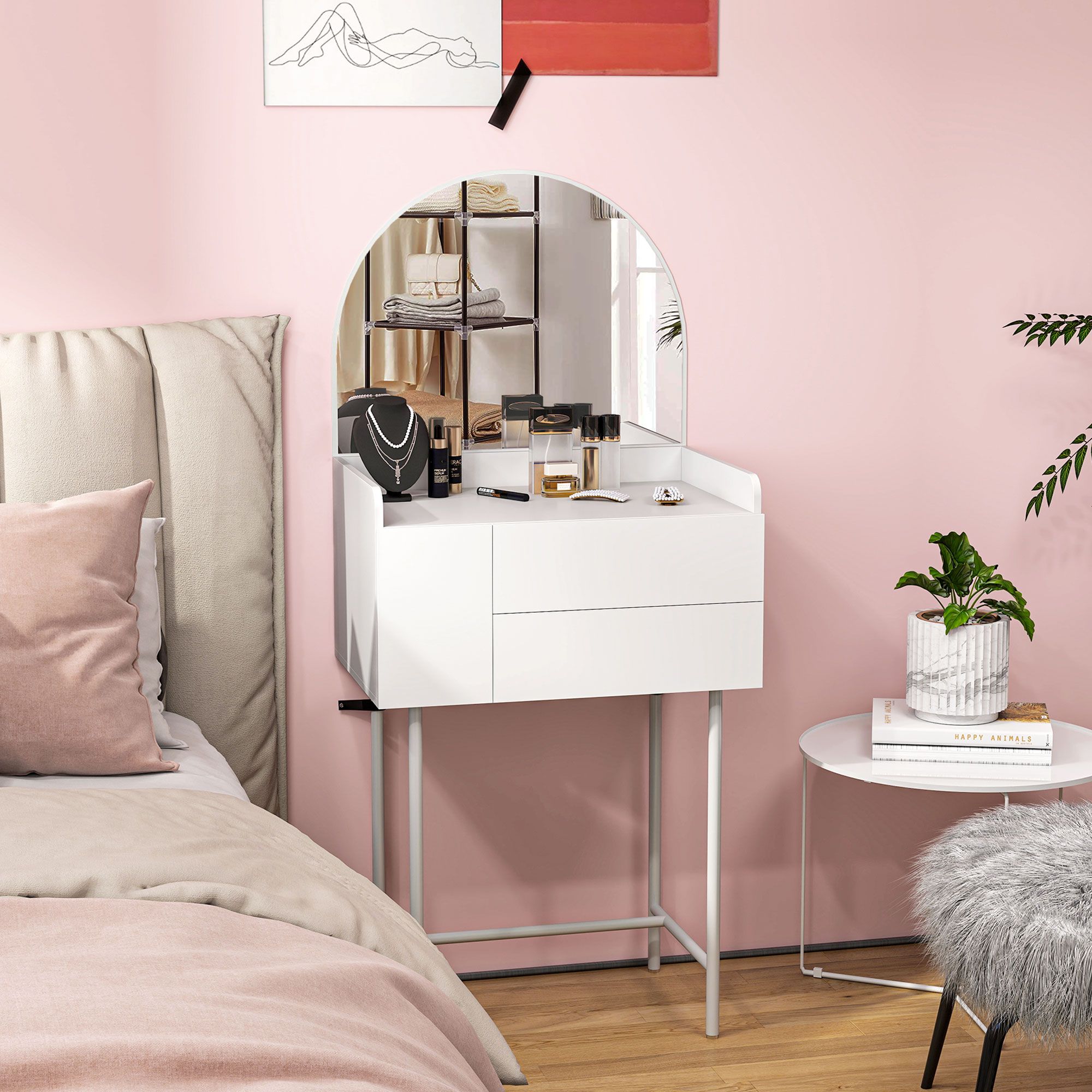 HOMCOM Makeup Vanity Table with Mirror Drawers Modern Dressing Table White