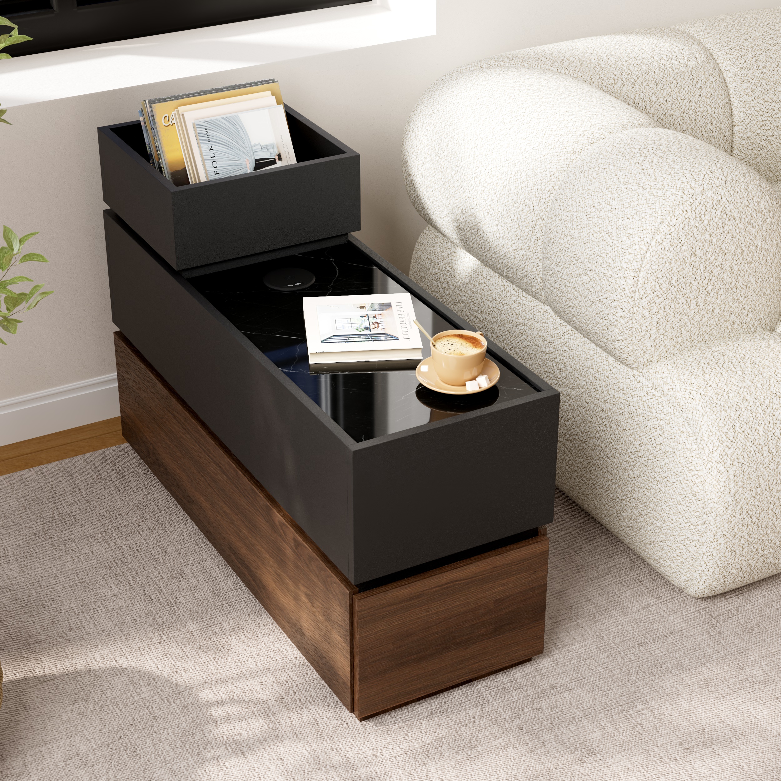 Sintered Stone Top Narrow Smart Side Table with Storage Modern Black & Walnut End Table with USB Charging