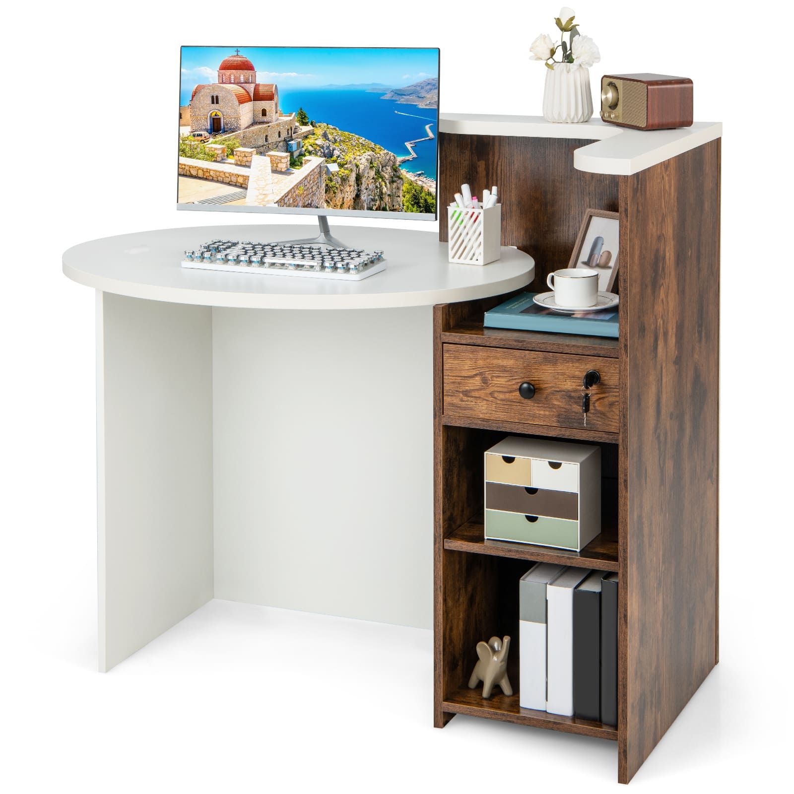 Costway Reception Desk Front Counter Desk w/ Lockable Drawer in White