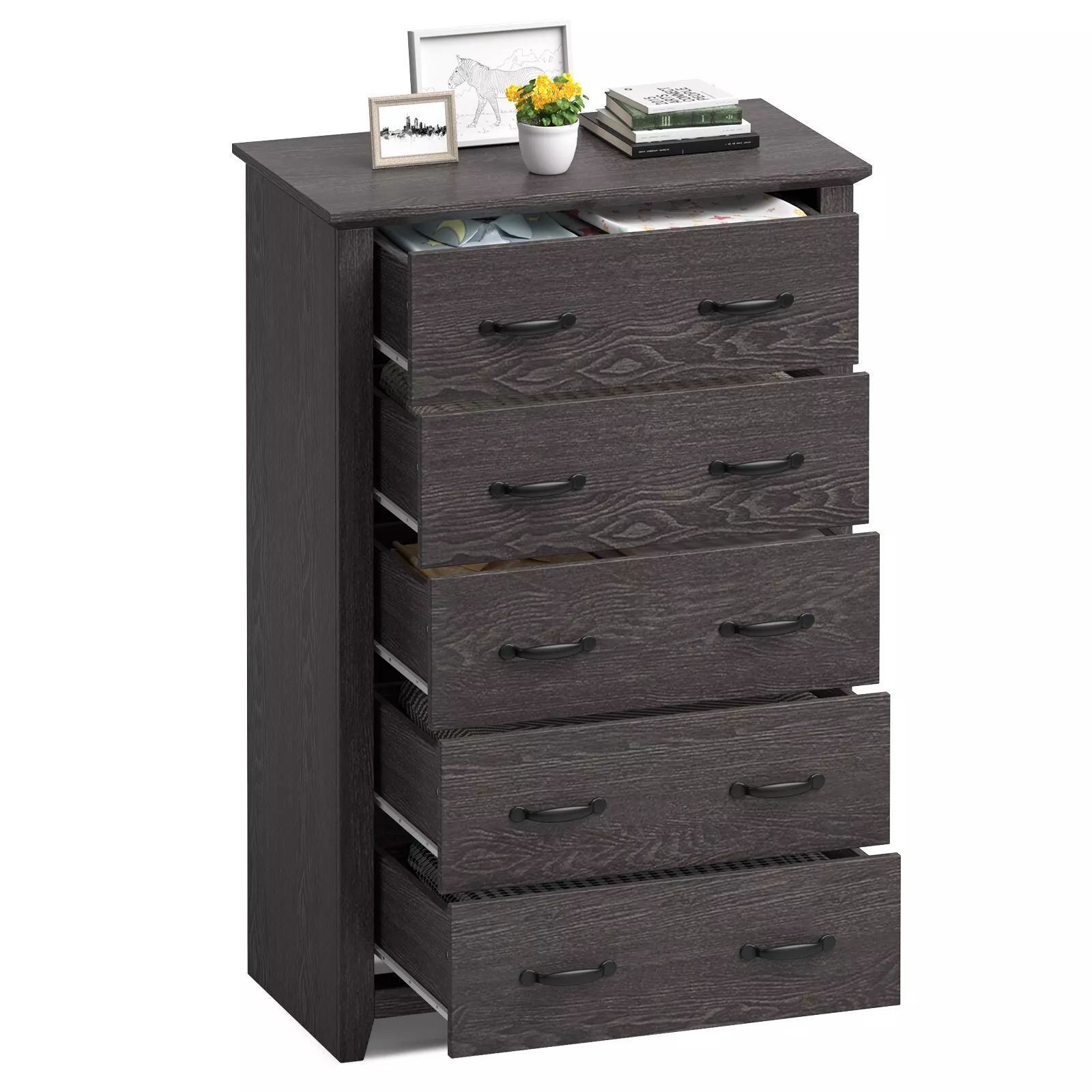 Costway 5 Drawer Dresser Vertical Chest of Drawers Wooden Storage Dresser Organizer in Grey