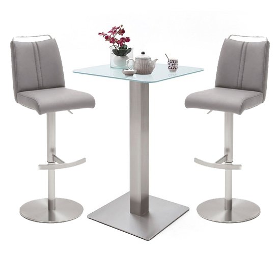 Soho White Glass Bar Table With 2 Giulia Ice Grey Leather Stools