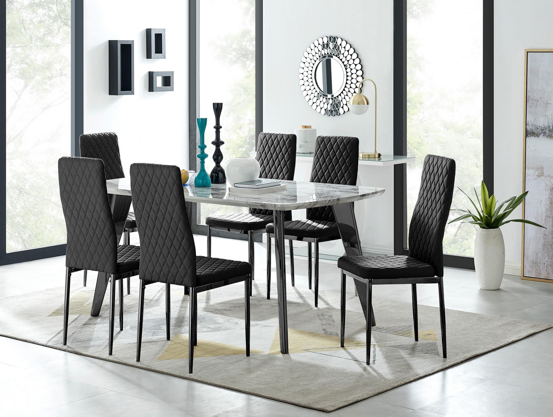 FurnitureboxUK Andria Marble Effect Dining Table With Black Legs & 6 Milan Velvet Black Leg Chairs