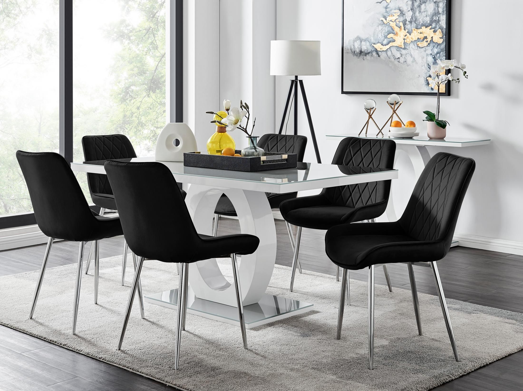 FurnitureboxUK Giovani 6-Seater Grey Glass Dining Table & 6 Pesaro Soft Velvet Dining Chairs in Black