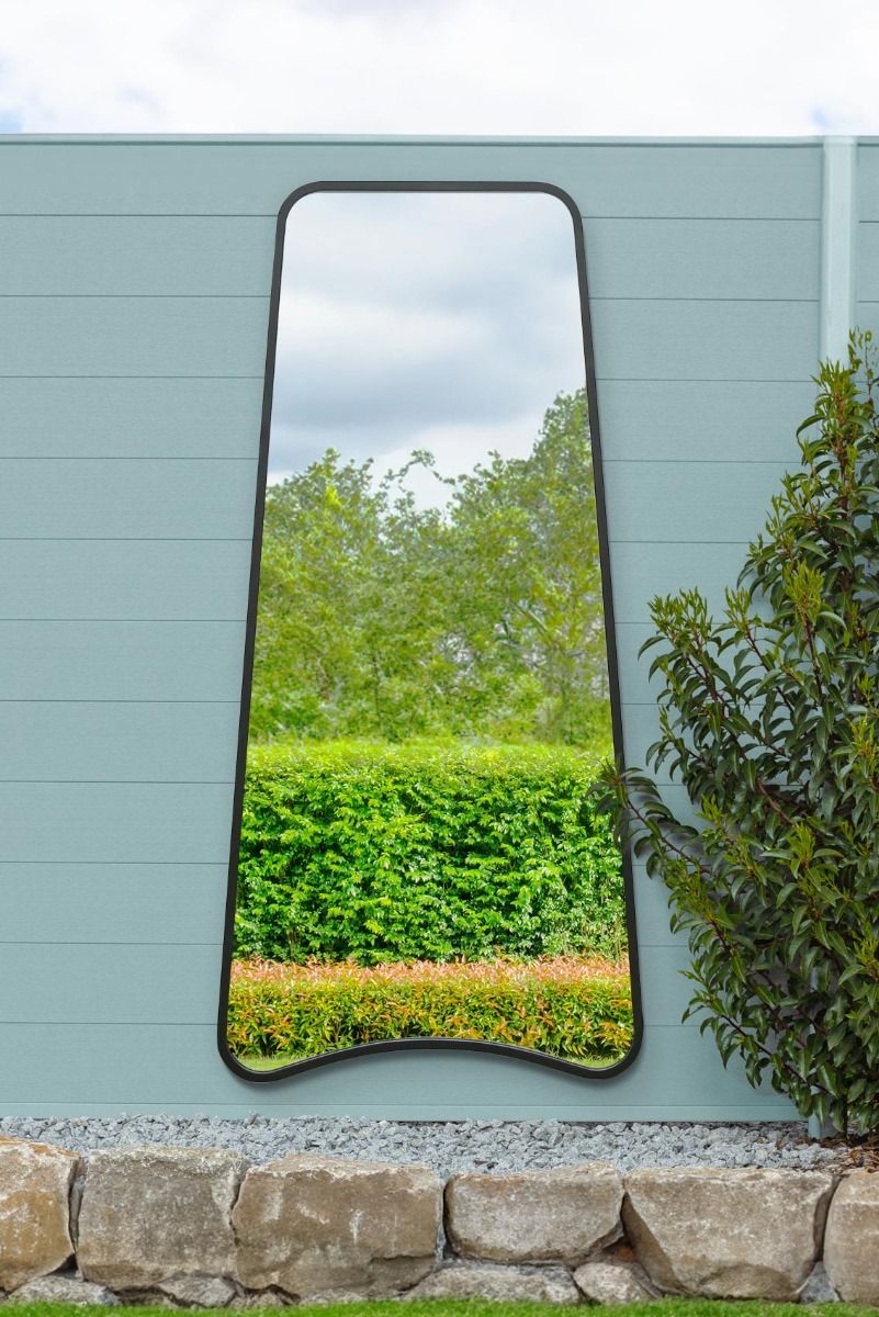 MirrorOutlet Black Metal Trapezoid Shape Framed Garden Wall Mirror (180CM X 85CM)