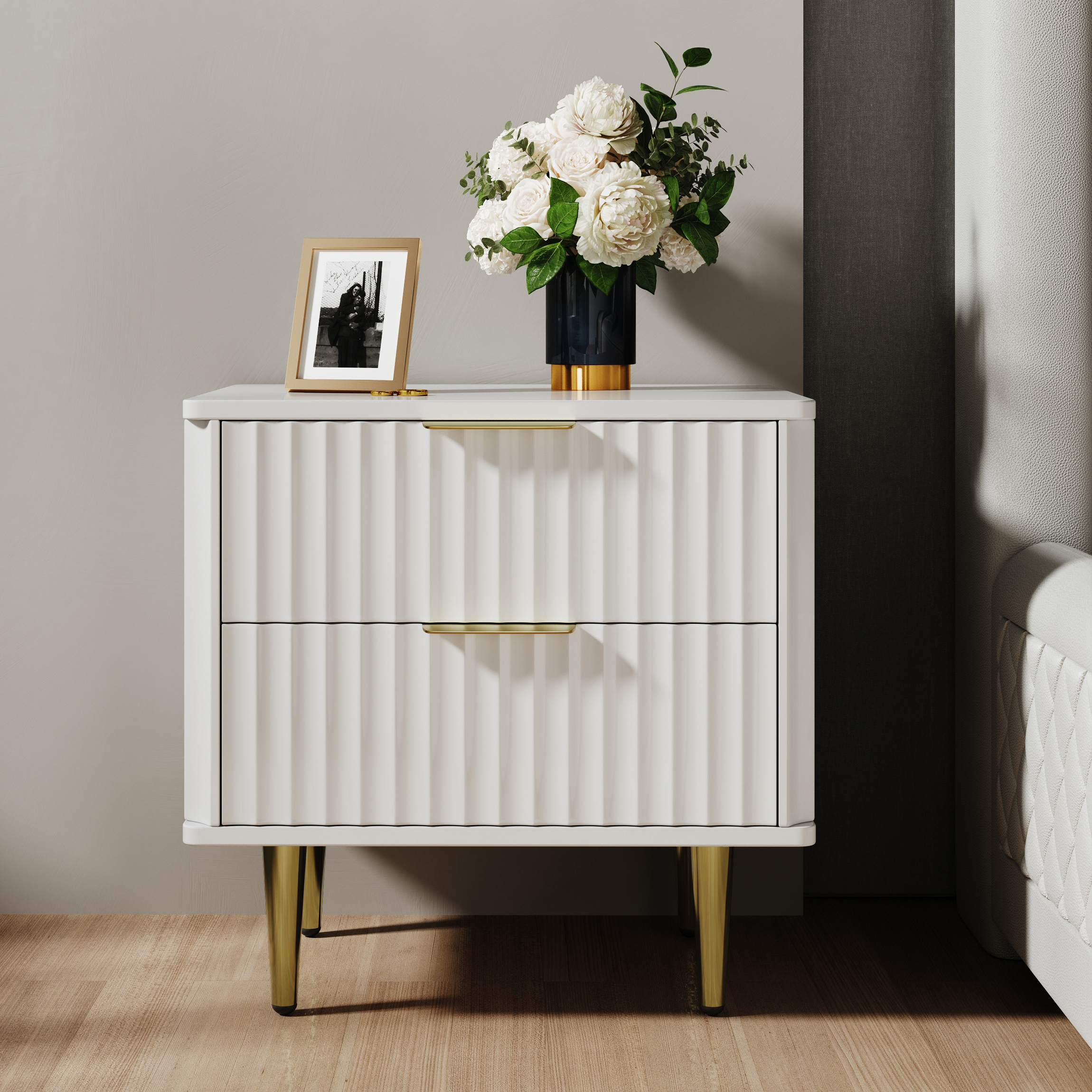 Modern White Bedside Table with 2 Drawers Bedside Table with Gold Legs
