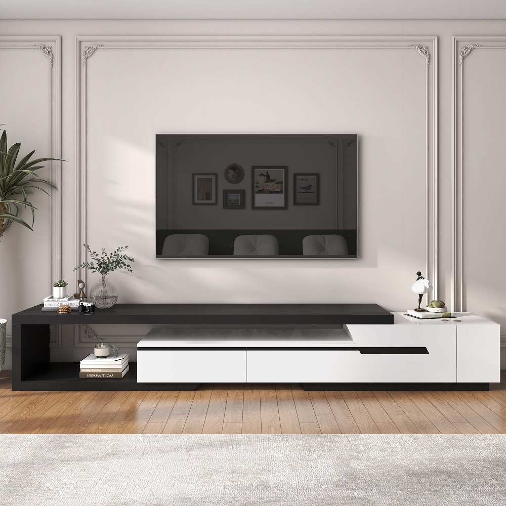 Pinkle Modern Extendable TV Stand White & Black with Storage & Bookshelf & Drawer