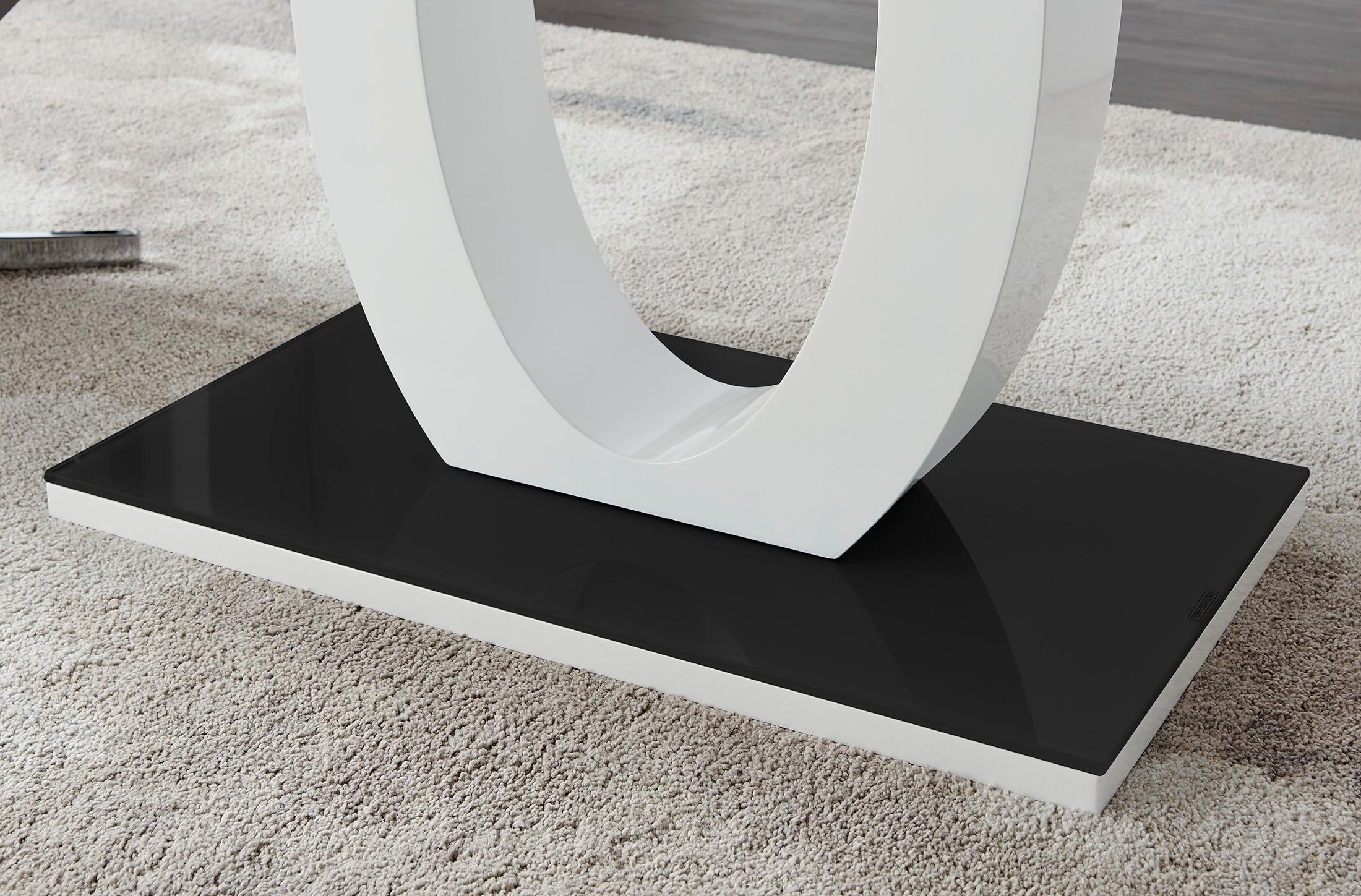 FurnitureboxUK Giovani Rectangular 6 Seat White High Gloss Unique Halo Base Dining Table Black Glass Top 6 Soft Velvet Silver Leg Pesaro Chairs 6