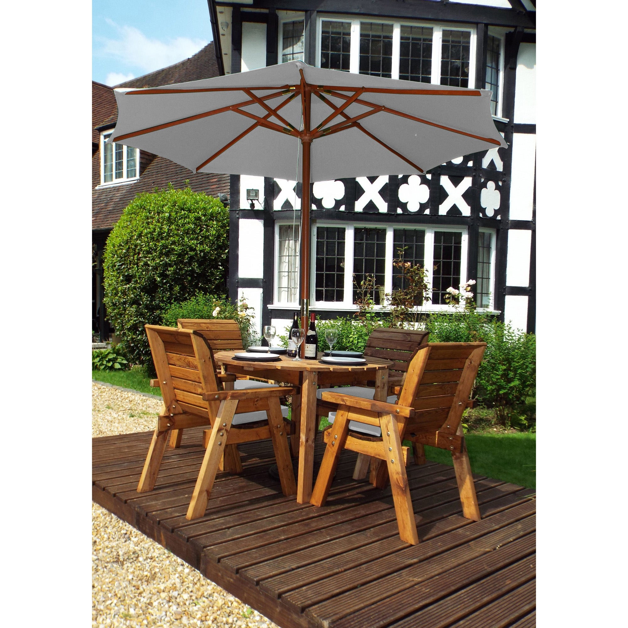 Charles Taylor 4 Seater Round Dining Set with Grey Seat Pads and Parasol Wood (Brown)