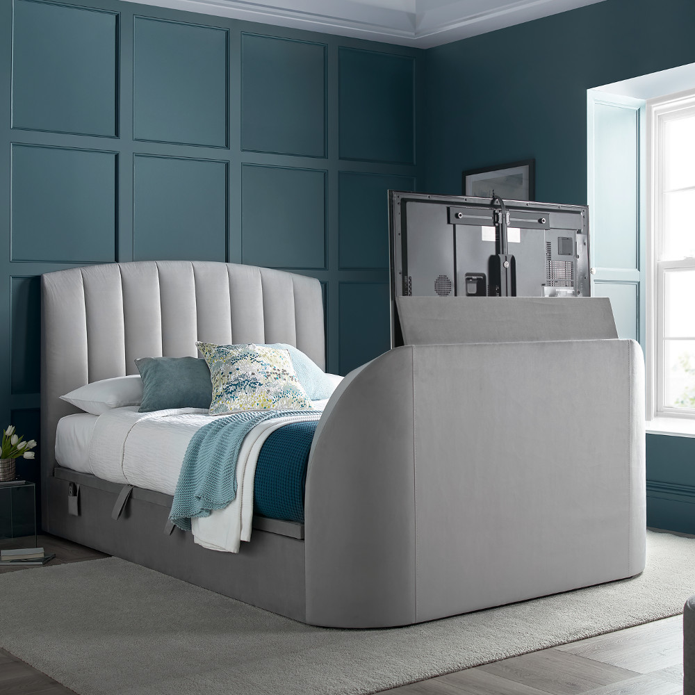 Flintstone Plume Light Grey Velvet Ottoman Electric TV Bed - 4ft6 Double