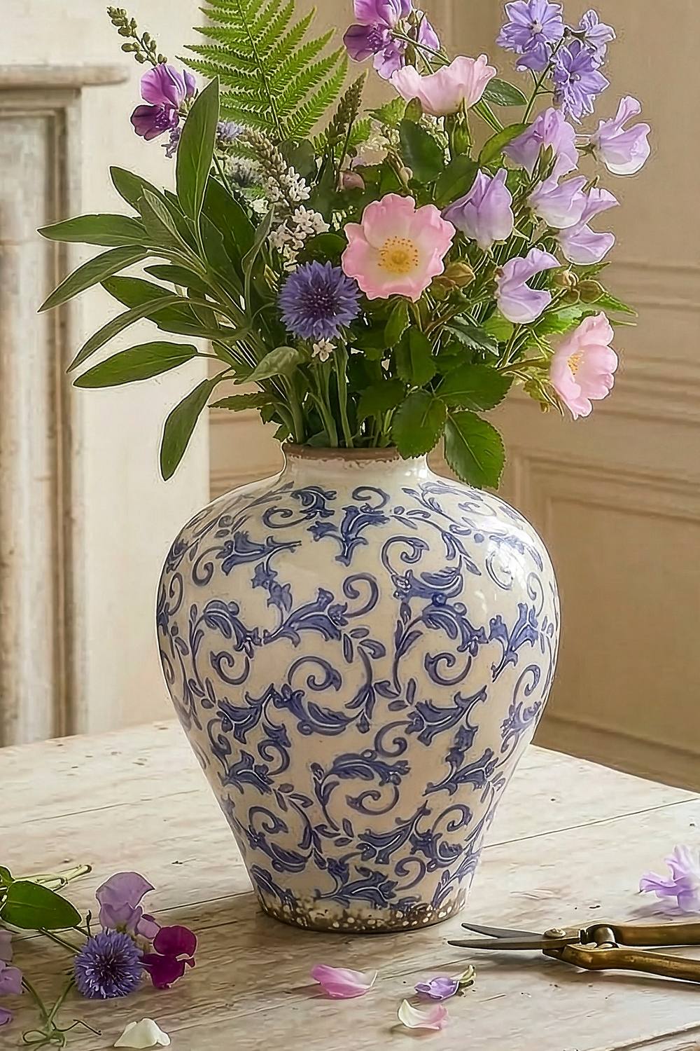 Dibor Vintage Solene Small Blue Botanical Round Flower Vase H23 x Dia19cm in Cream