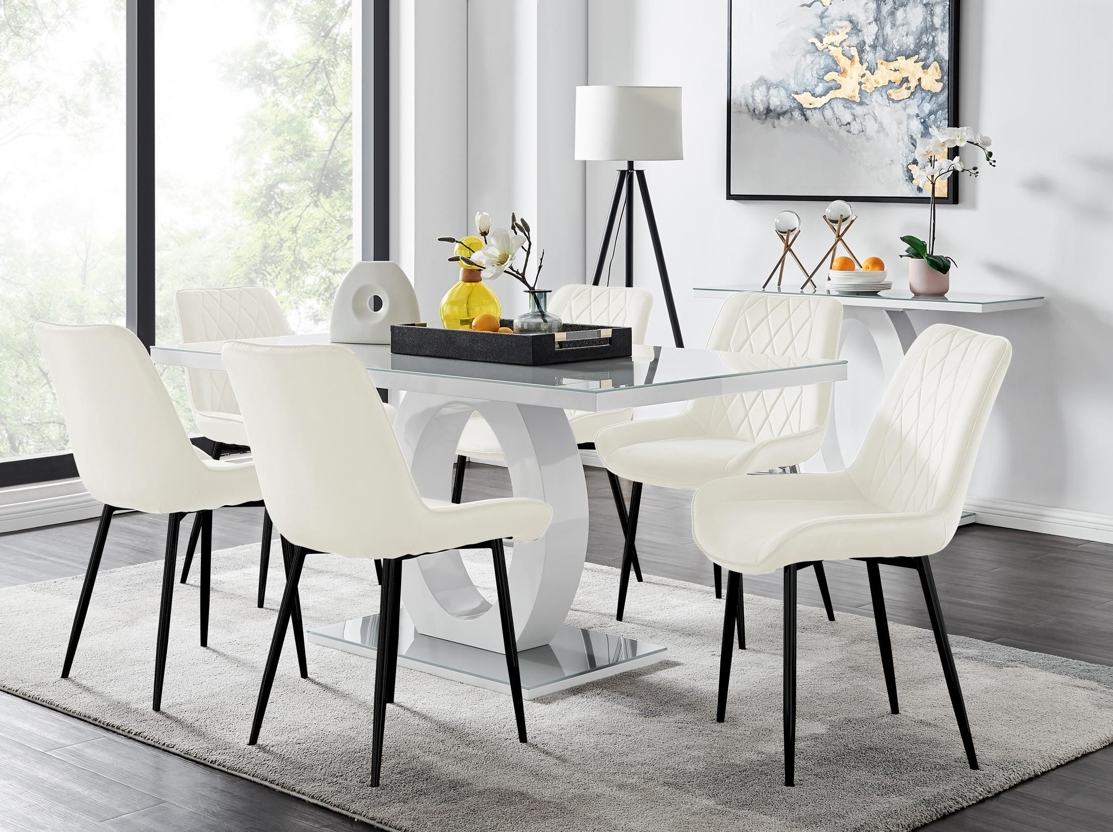 FurnitureboxUK Giovani 6-Seater Grey Glass Dining Table & 6 Pesaro Soft Velvet Dining Chairs in Cream