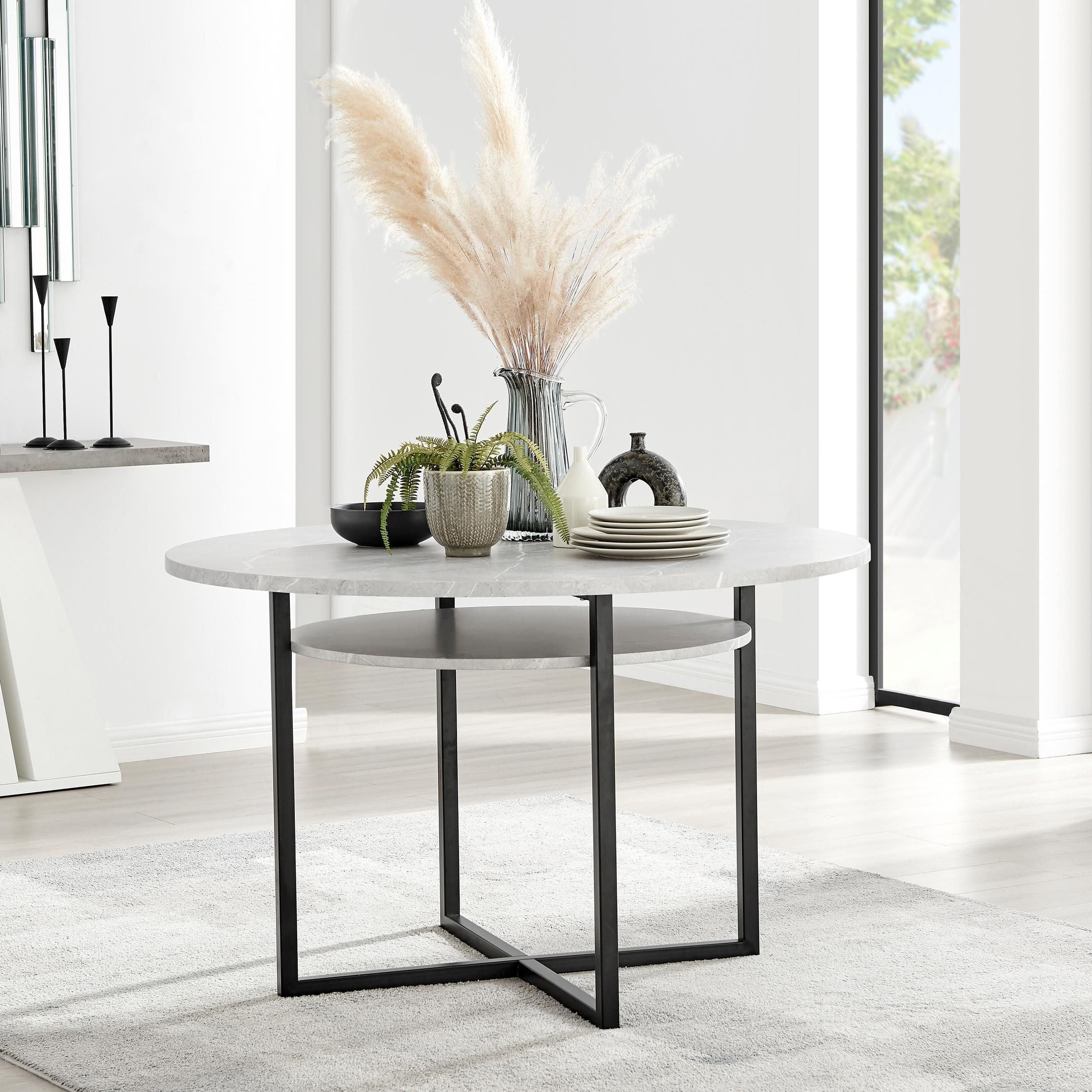 FurnitureboxUK Adley Round 120cm Dining Table With Storage Shelf in Grey