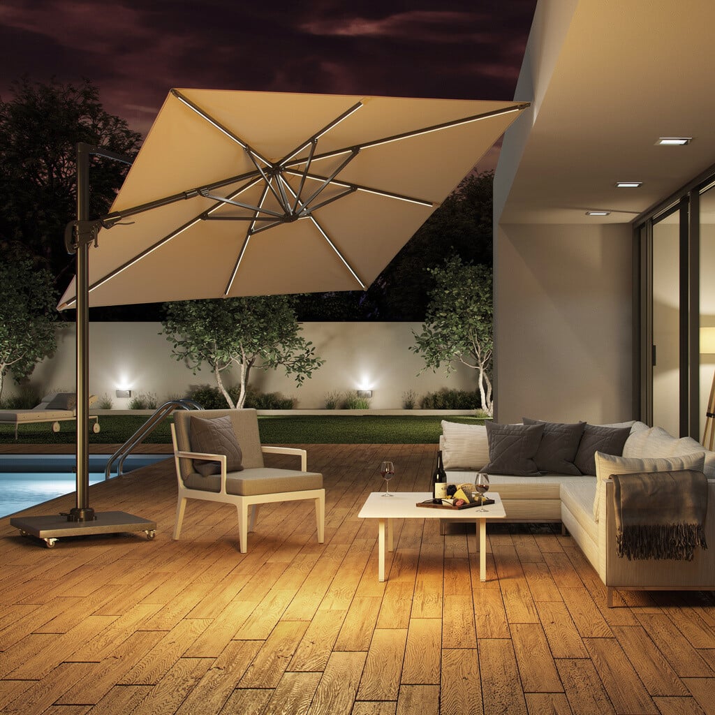 Lux Led Parasol 3x3 & Base with Wheels, Brown | Barker & Stonehouse