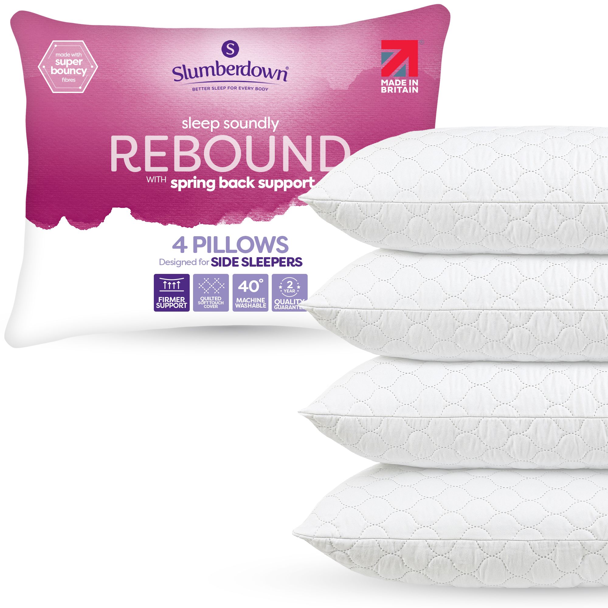 Slumberdown 4 Pack Sleep Soundly Rebound Firm Support Side Sleeper Pillows in White