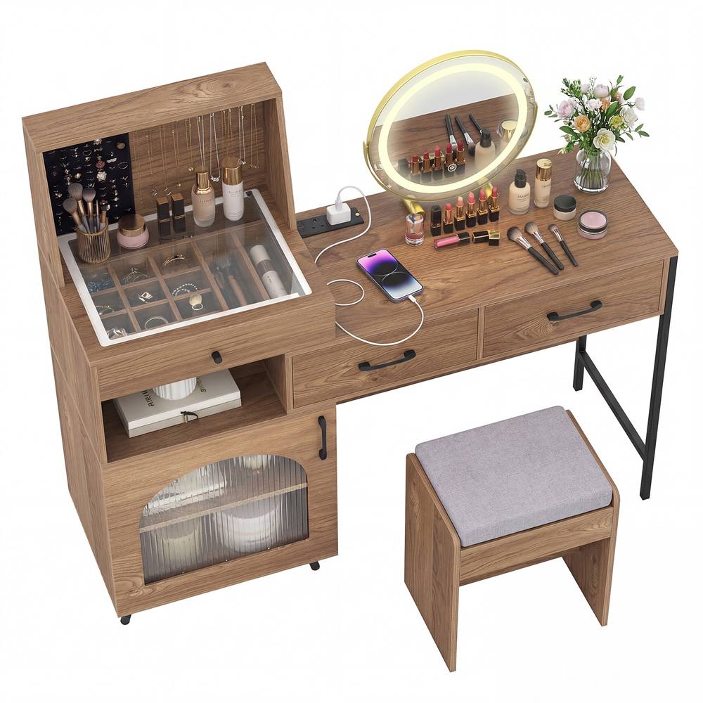 Costway Modern Makeup Vanity Table Set Dressing Desk w/Mirror & Lights & Stool in Natural