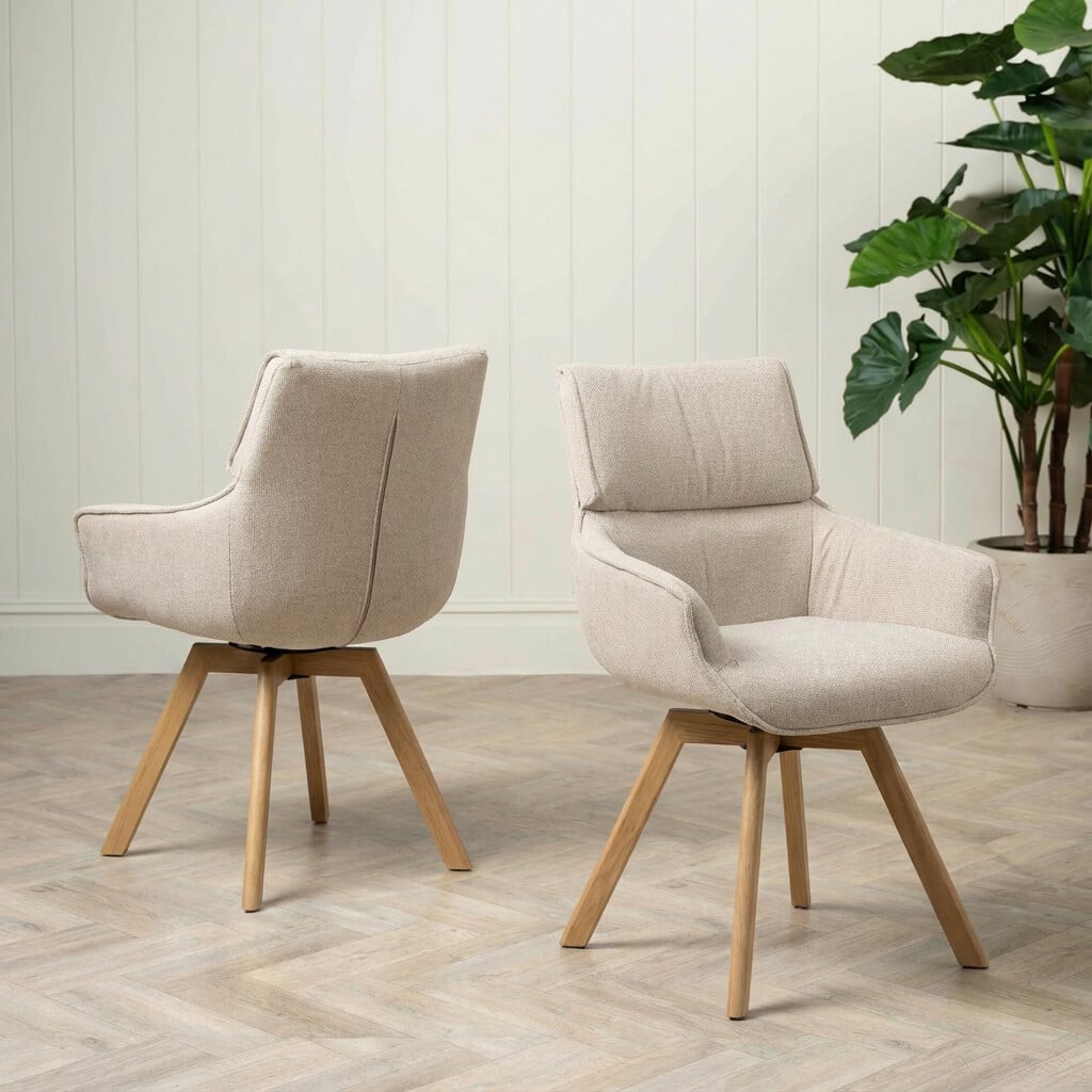 Shona Dining Chair With Arms with Wooden Leg, Neutral | Barker & Stonehouse