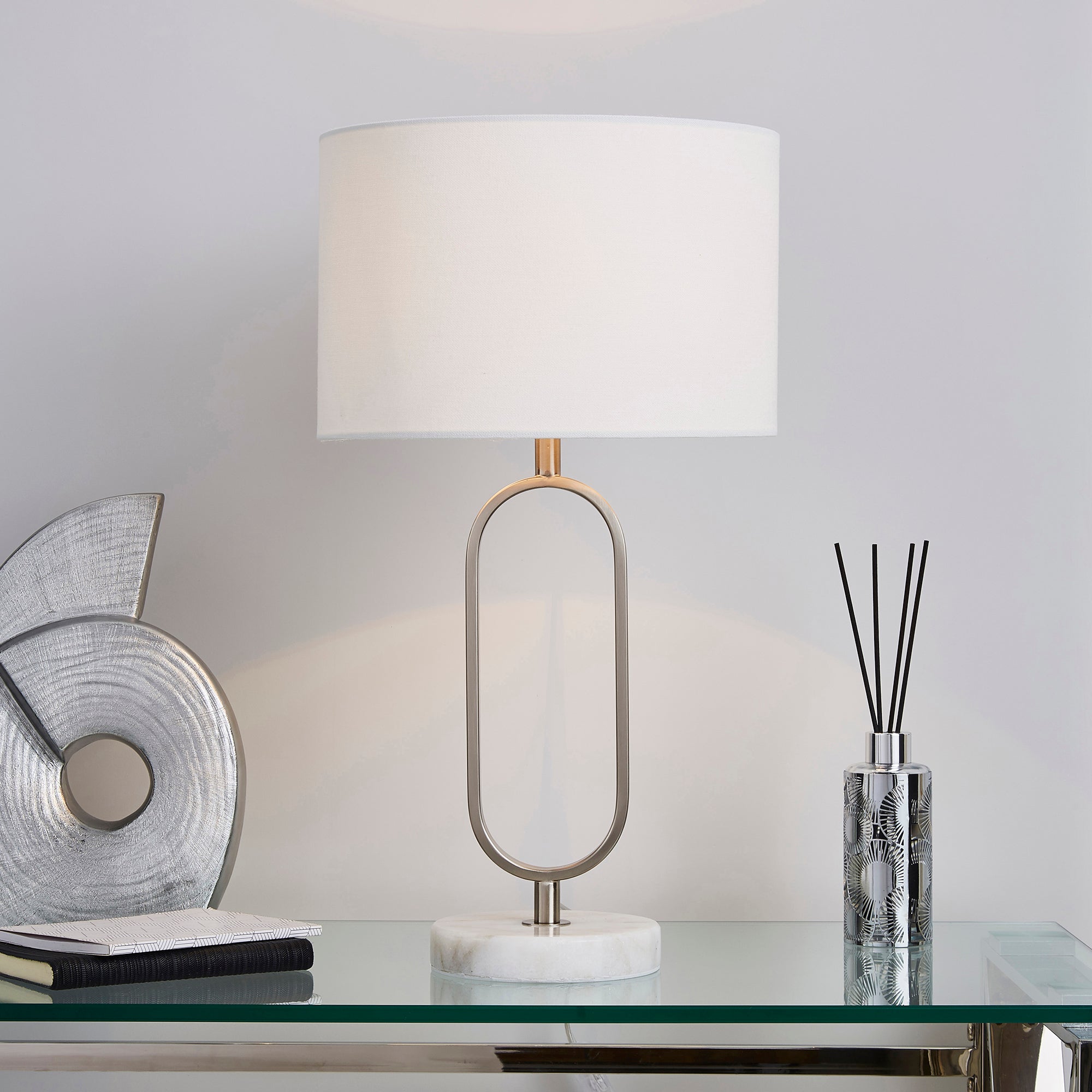 Carrara Real Marble Base Loop Table Lamp Chrome