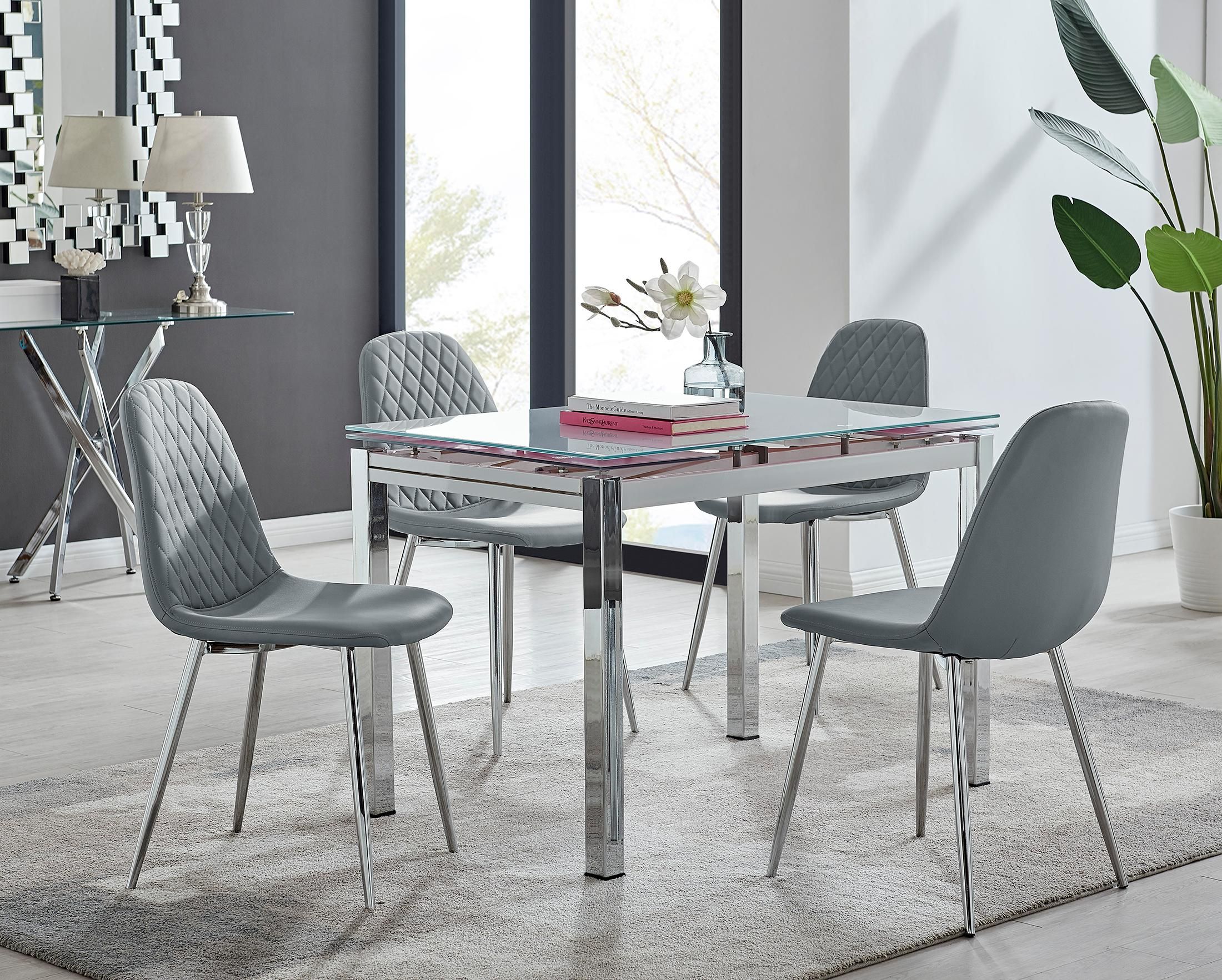 FurnitureboxUK Enna White Glass Extending 4-6 Seater Dining Table & 4 Corona Faux Leather Chairs in Grey