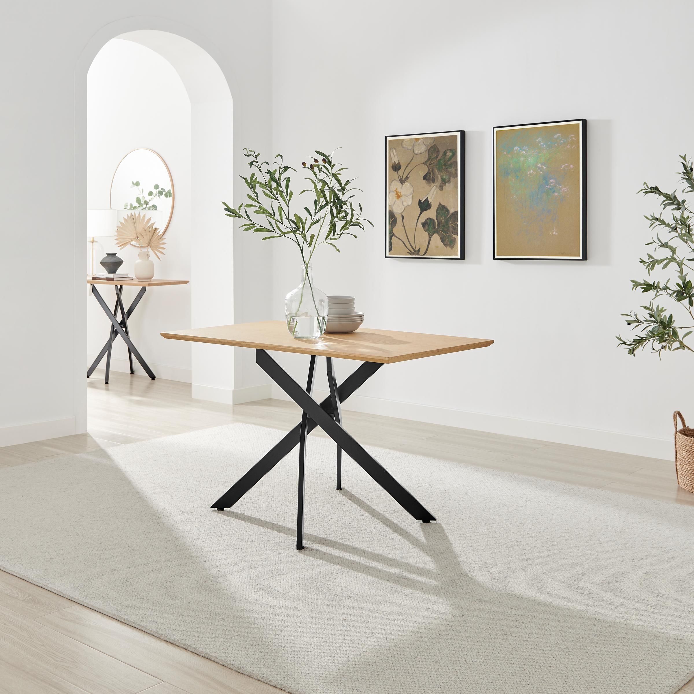 FurnitureboxUK Leonardo Rectangular Oak Veneer & Black Metal 4 Seater Dining Table in Light Brown