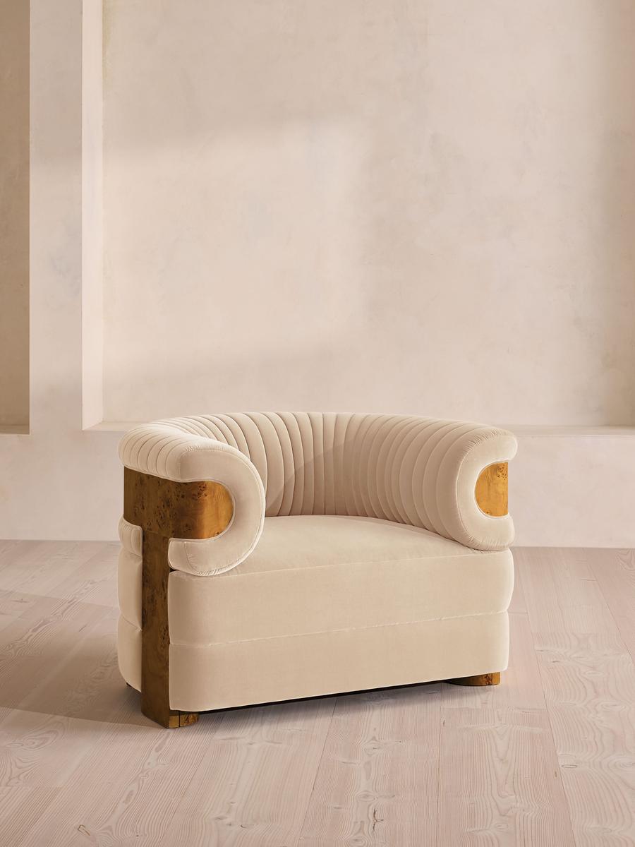 Caleb Armchair, Dark Burl, Velvet, Porcelain