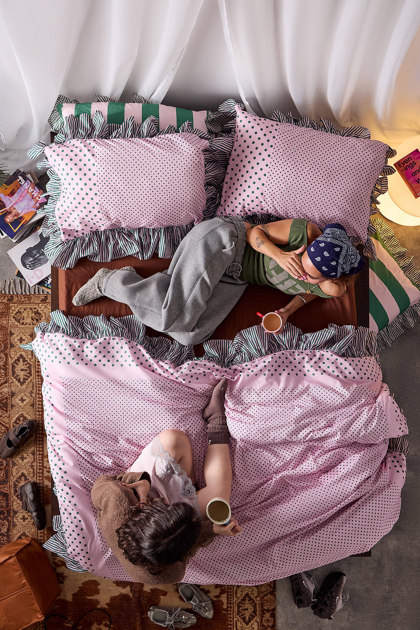 Polka Dot Stripe Ruffle Duvet Set - Pink