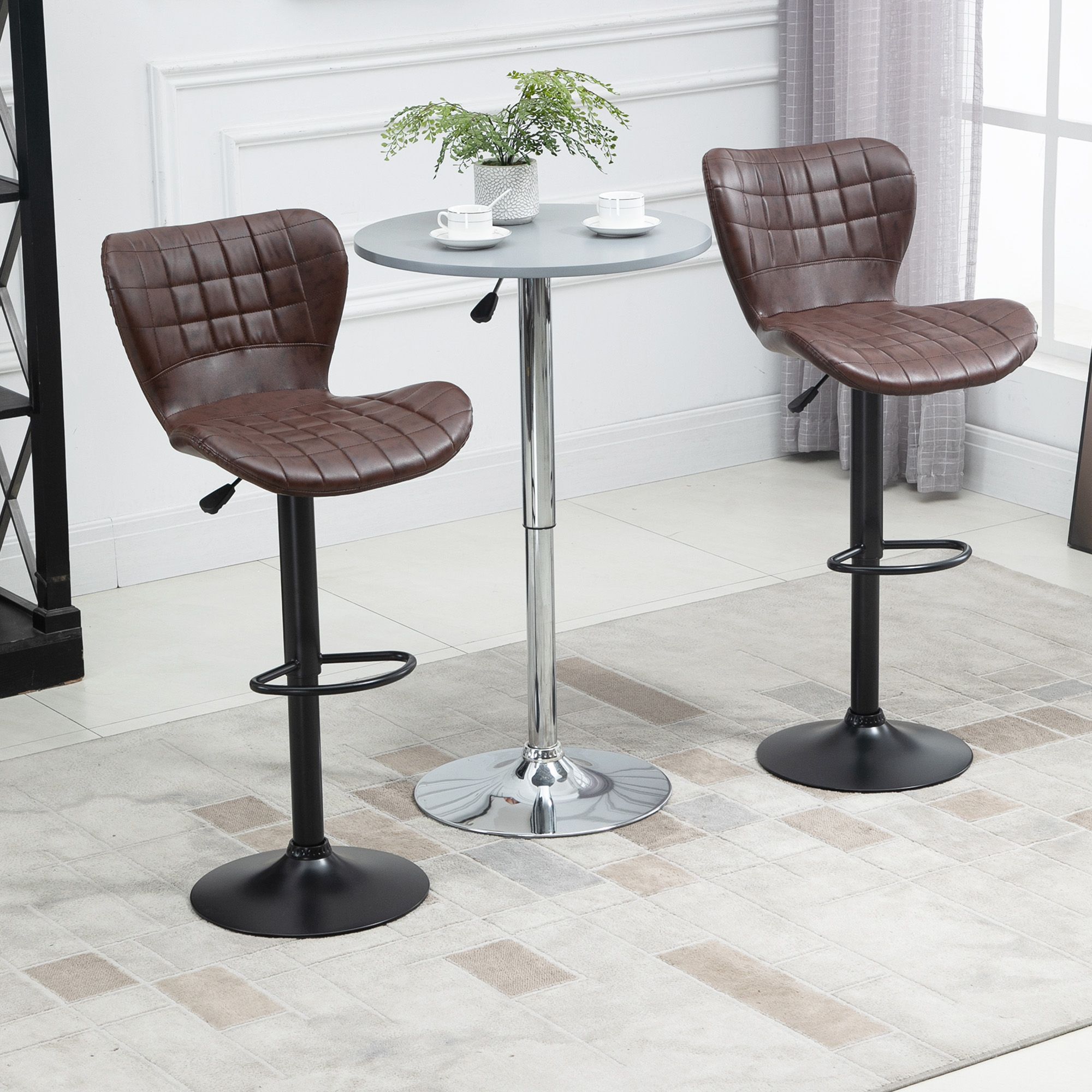 HOMCOM Stools Set of 2 PU Leather Adjustable Height Swivel Bar Chairs w/ Footrest in Brown