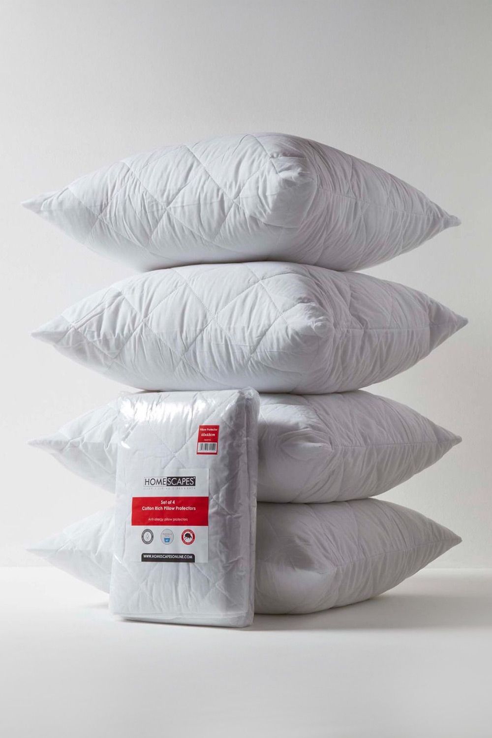 Homescapes Cotton Rich Quilted Pillow Protectors 65 x 65 cm, Pack of 4 in White
