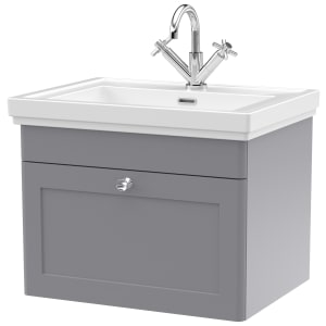 Classique Satin Grey Wall Hung 1-Drawer Vanity & Basin 1 Tap Hole - 496 x 630mm