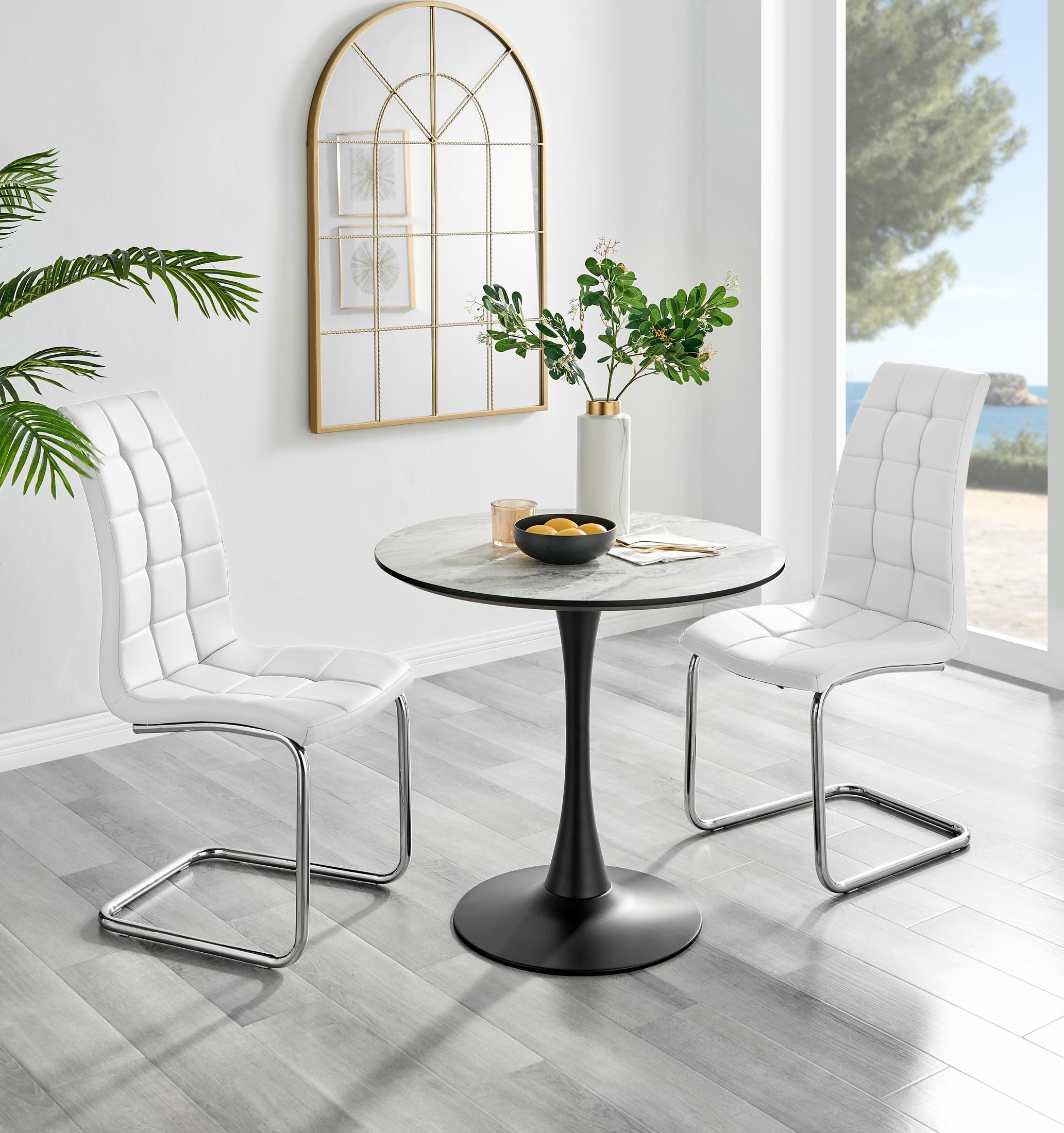 FurnitureboxUK Elina White Marble Effect Scratch Resistant Dining Table & 2 Murano Faux Leather Chairs