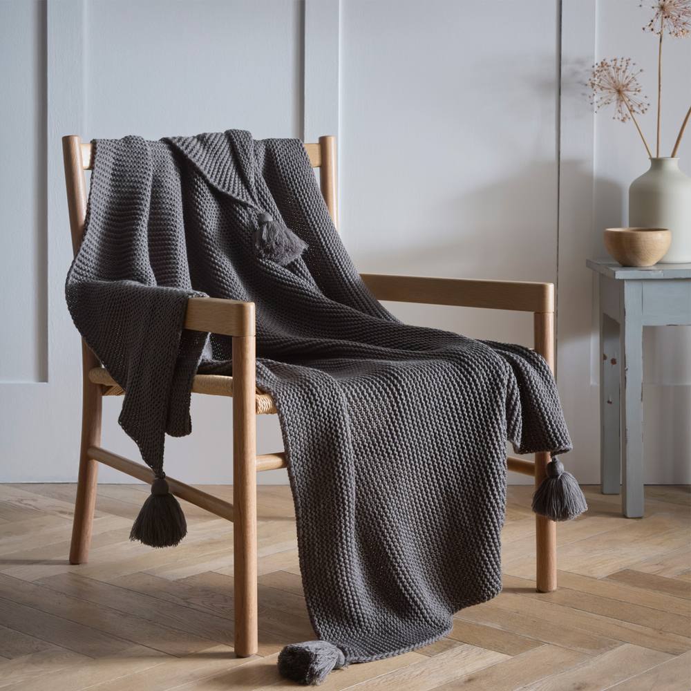 Portfolio Home Copenhagen Knitted Tassels Throwover Bed Throw Blanket 127 x 152cm in Grey