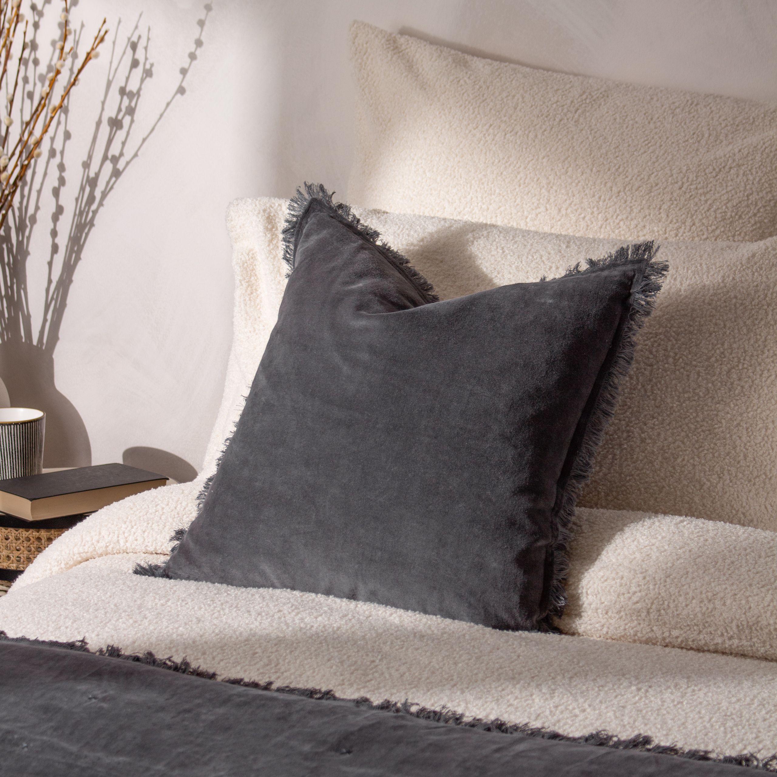 Yard Jaye 100% Cotton Velvet Fringed Cushion in Dark Blue
