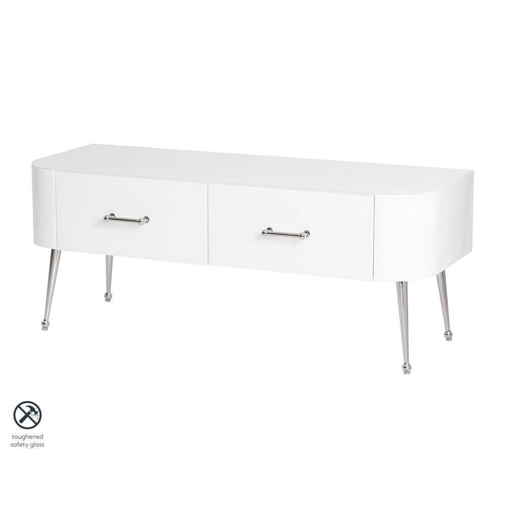 Mason White Glass TV Media Unit – Shiny Silver Legs