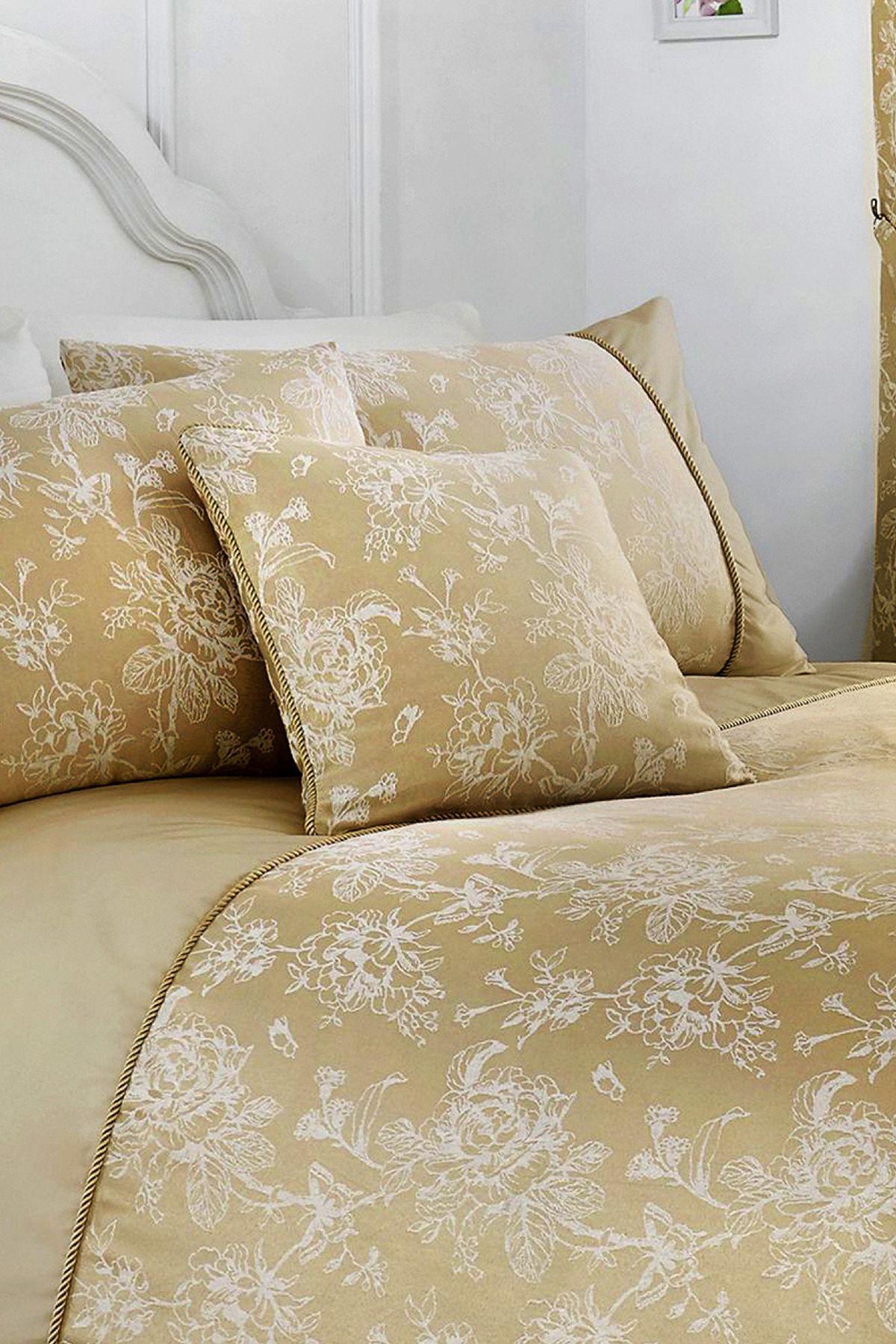 Dreams & Drapes 'Jasmine' Floral Jacquard Filled Cushion in Beige