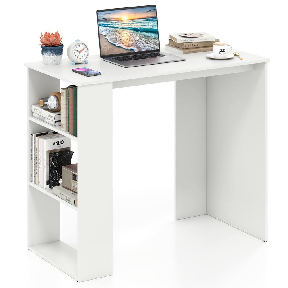 Costway Computer Desk 90cm Study Desk Wooden Writing Desk w/ Bookshelf in White