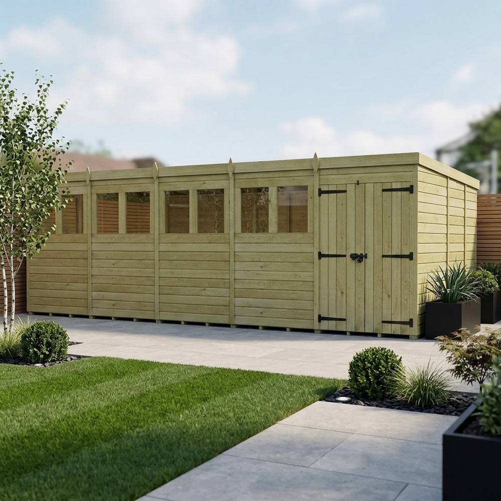 Buttercup Farm 20ft x 9ft Pent Garden Shed Double Door With Windows - Timber in Brown 2