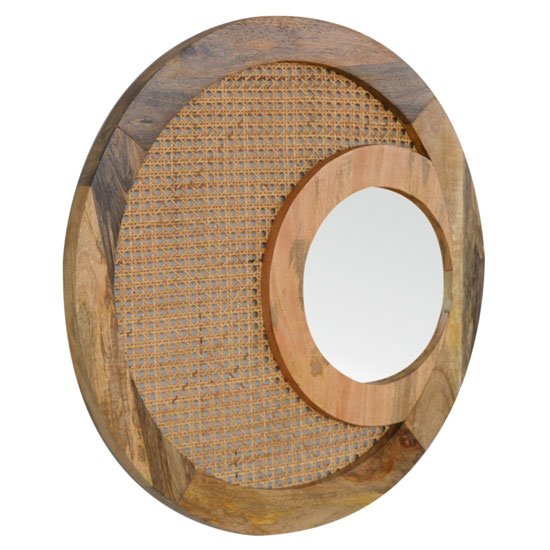Debby Round Wall Bedroom Mirror In Oak Ish Rattan Design Frame