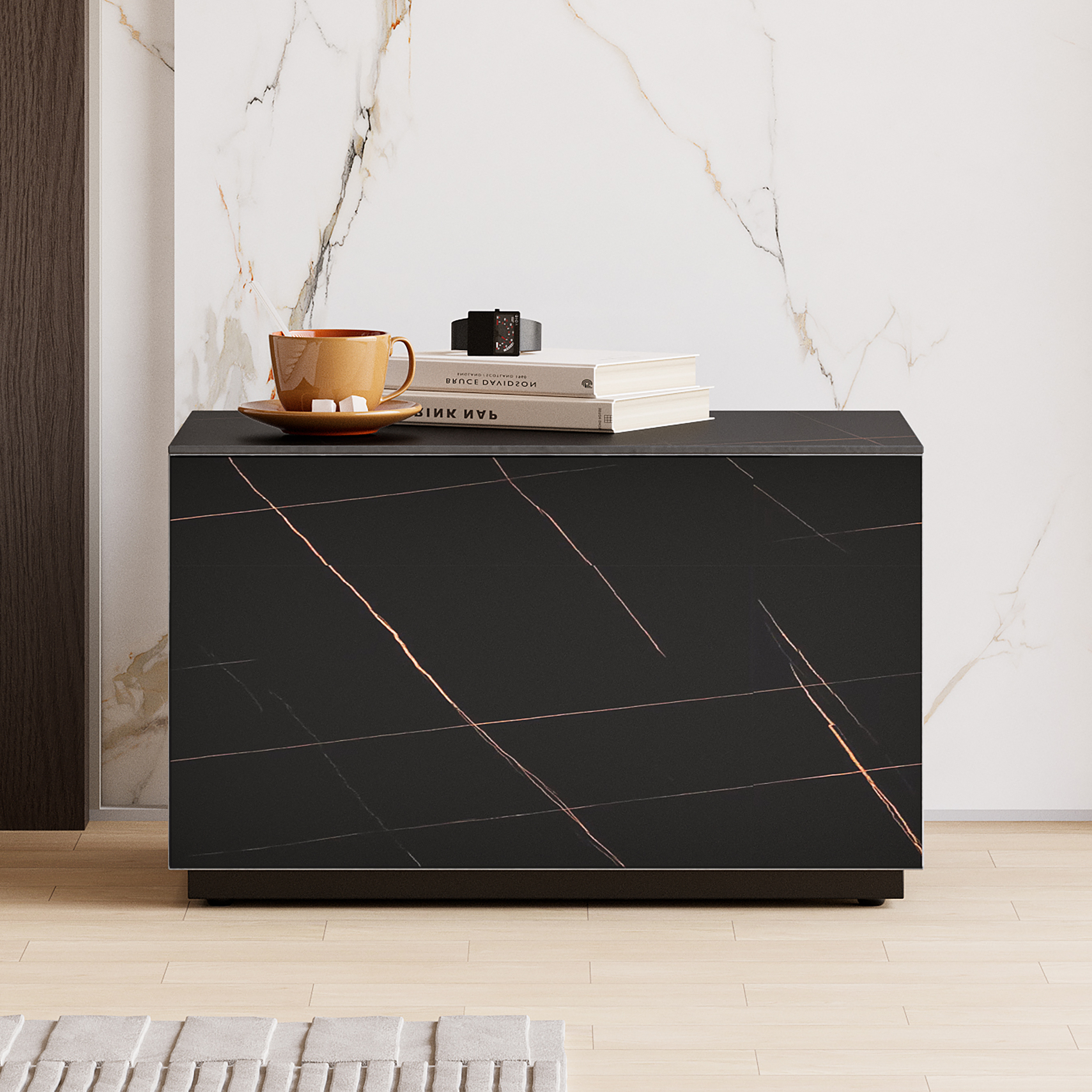Modern 600mmW Faux Travertine Nightstand 1 Drawer Bedside Table