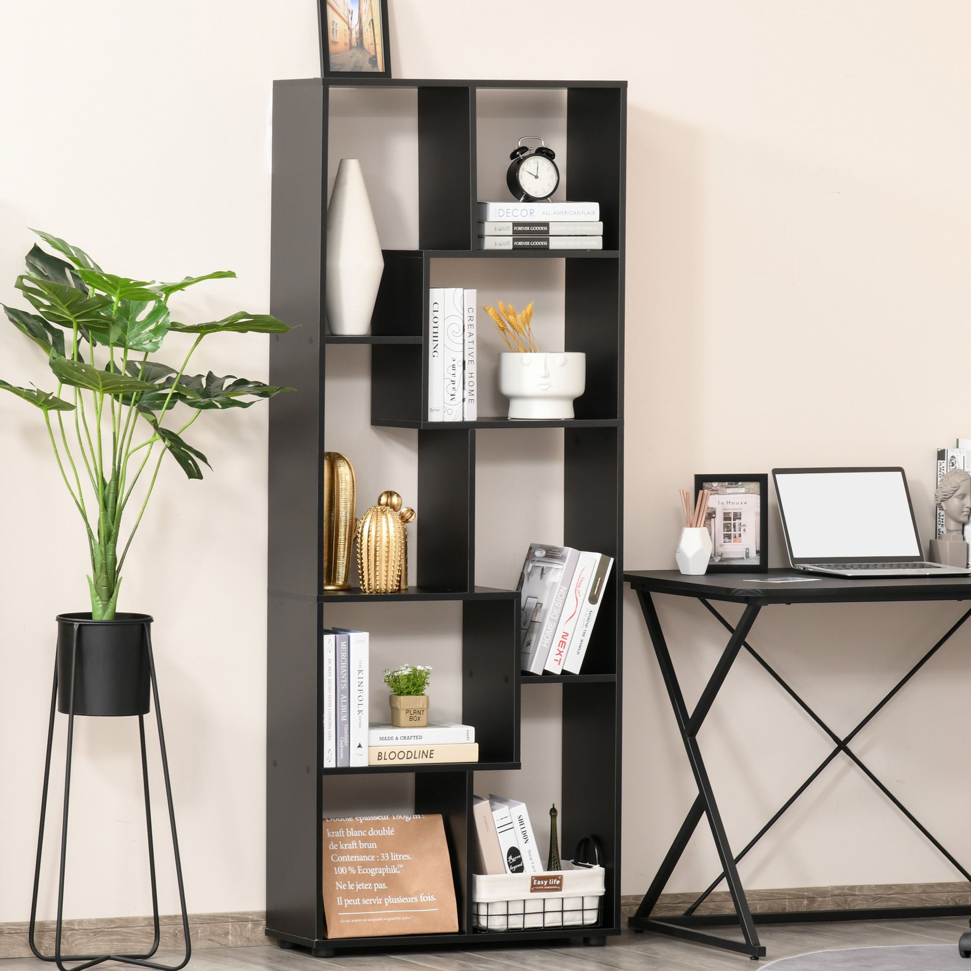 HOMCOM 7-Tier Bookshelf w/ Melamine Surface Foot Pads Anti-Tipping for Home in Black