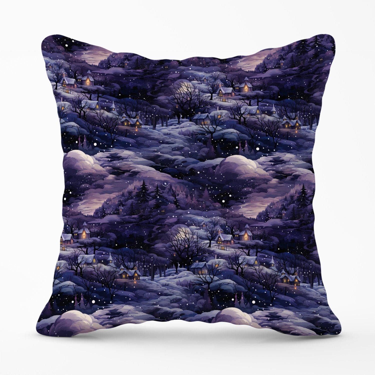 Warren Reed - Designer Snowy Christmas Village On A Starry Night Outdoor Cushion in Blue