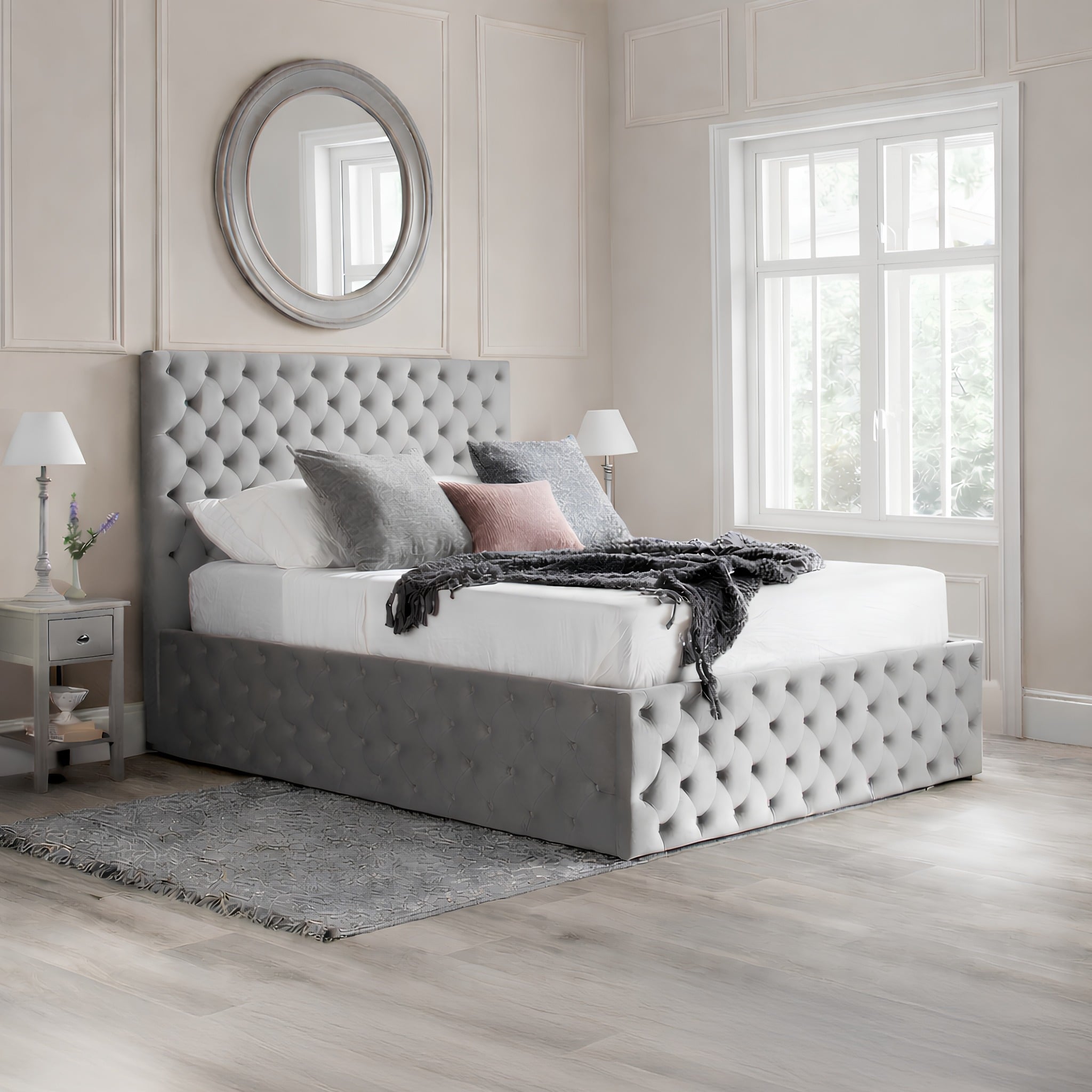 Kingston – King Size – Quilted Ottoman Storage Bed – Grey – Velvet – 5ft - Happy Beds