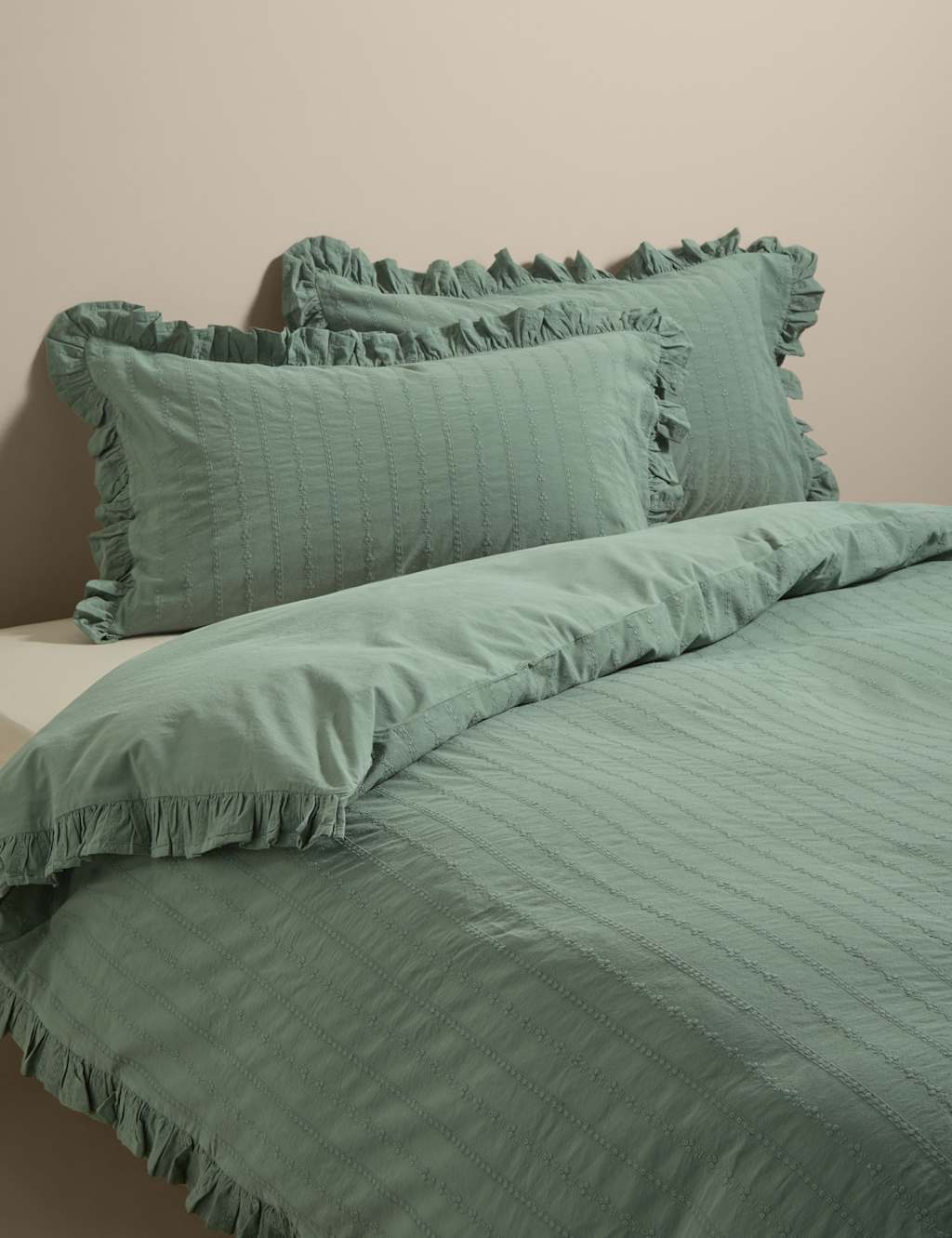 M&S Pure Cotton French Ruffle Embroidery Bedding Set Green
