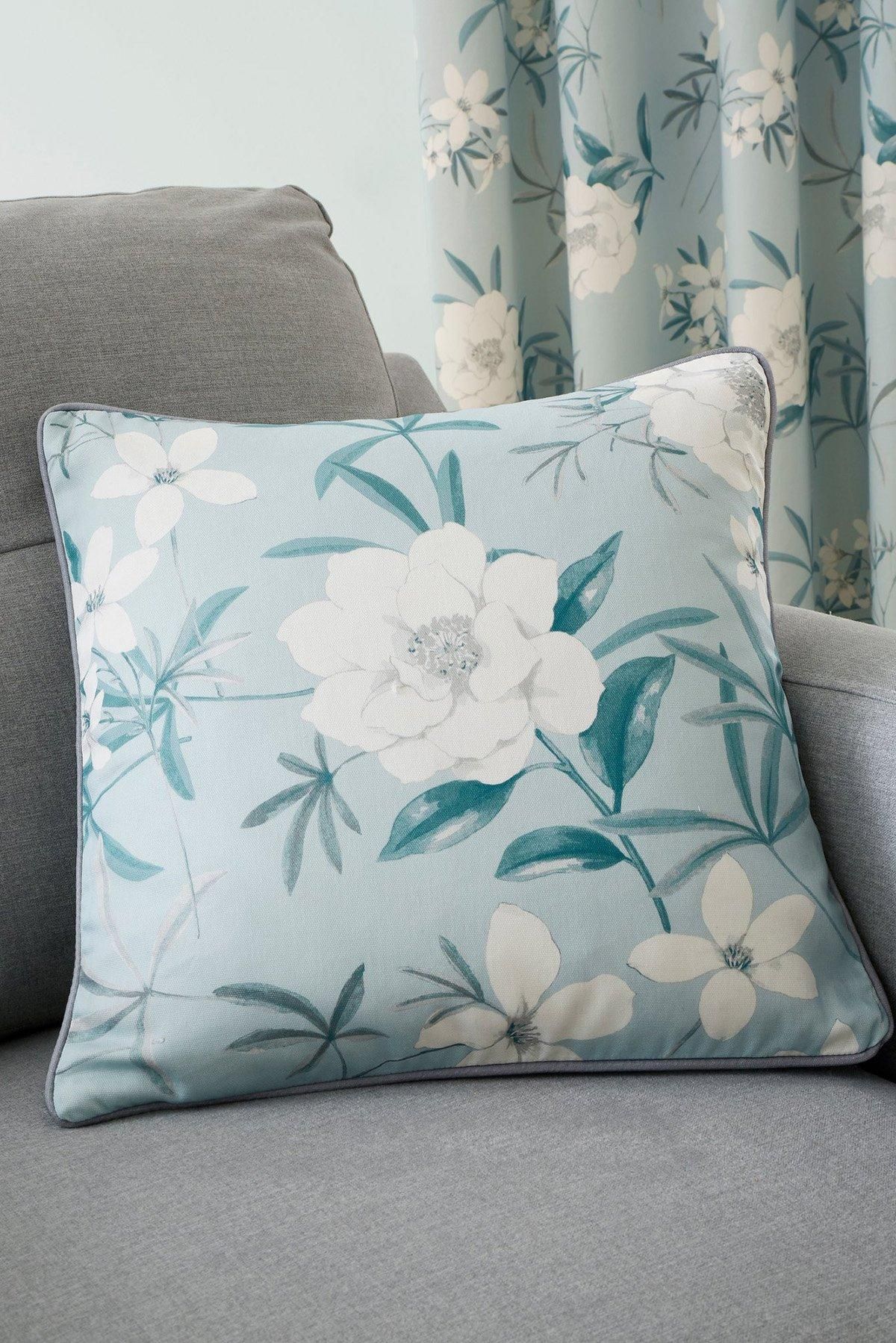 Dreams & Drapes 'Eve' Filled 100% Cotton Cushion With Modern Floral Print in Duck Egg Blue