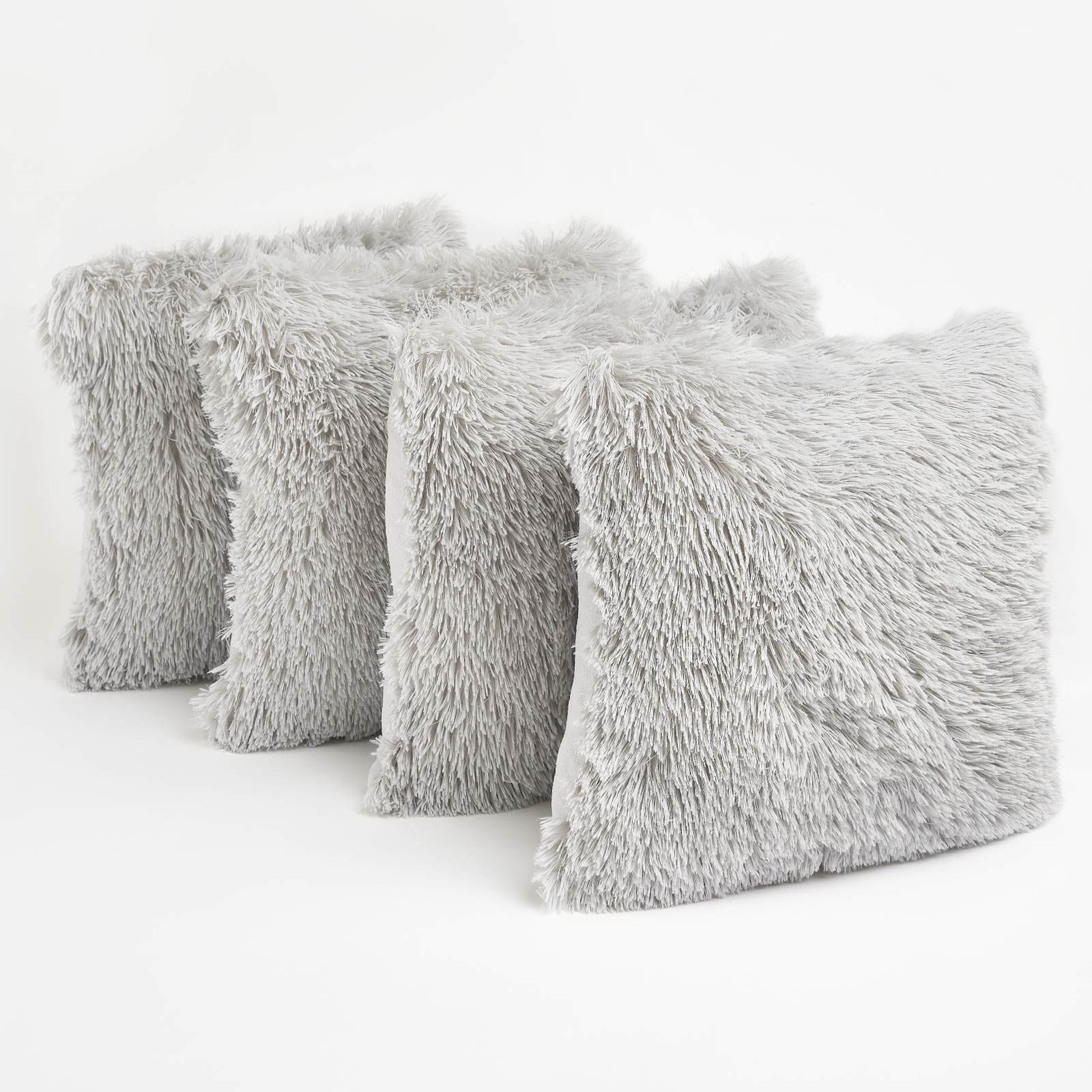 OHS Set of 4 Soft Fluffy Shaggy Square Cushion Covers in Light Grey