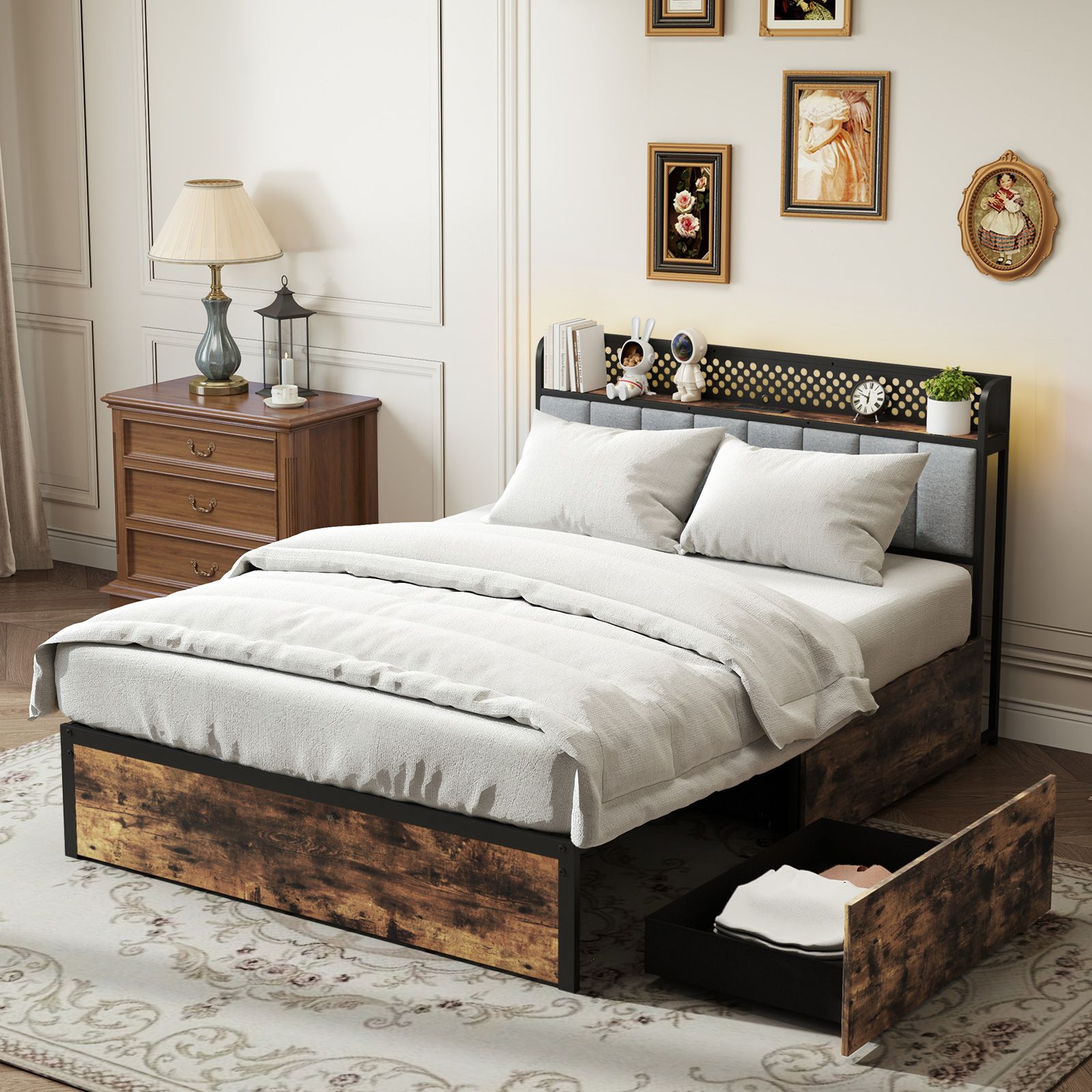 Costway Double Bed Platform Bed with LED Lights & USB Power Outlets in Brown