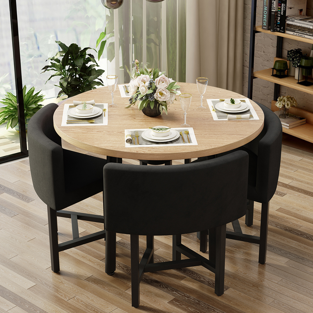 Dining Table Set 39.4" Round Wood Dining Table & 4 Gray Upholstered Dining Chairs