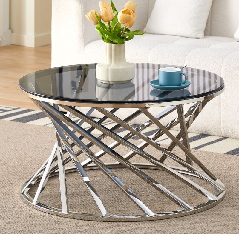 Comfy Living Ltd Round Geometric Design Metal Coffee Table With Tinted Glass Tempered Top in Silver