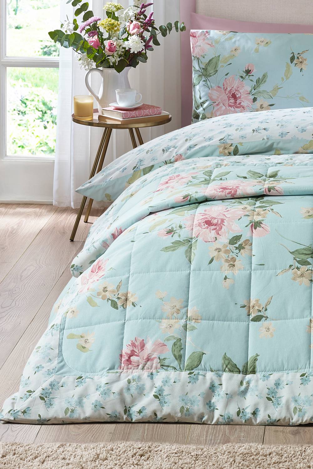 Catherine Lansfield 'Avebury Floral' Reversible Quilted Bedspread in Duck Egg Blue
