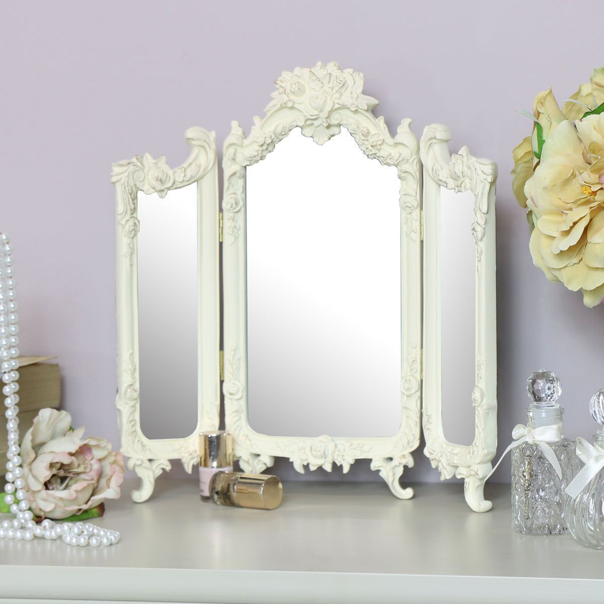 Melody Maison Small Ornate Cream Rose Triple Mirror - 38cm X 38cm