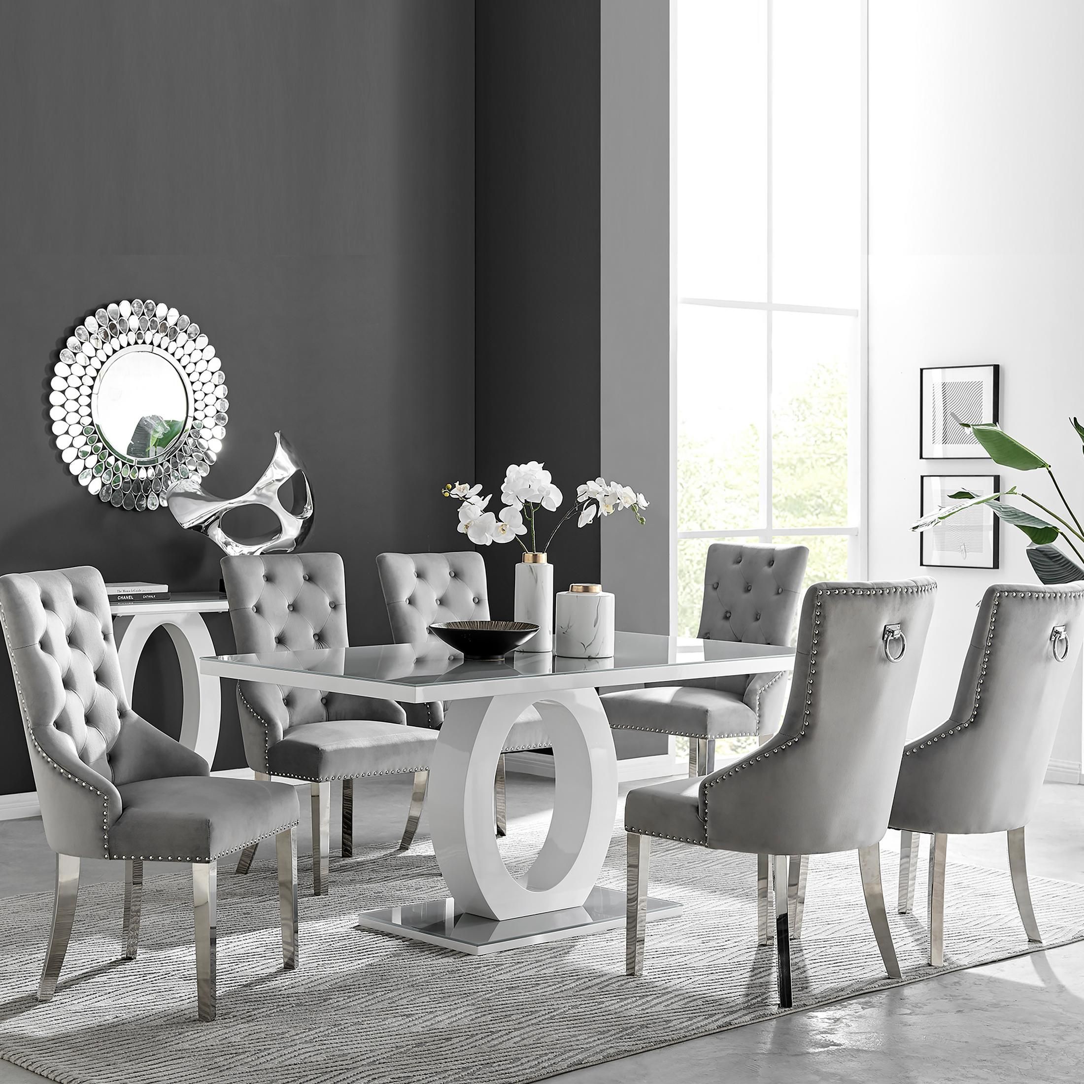 FurnitureboxUK Giovani 6-Seater Grey Glass Dining Table & 6 Belgravia Velvet Dining Chairs